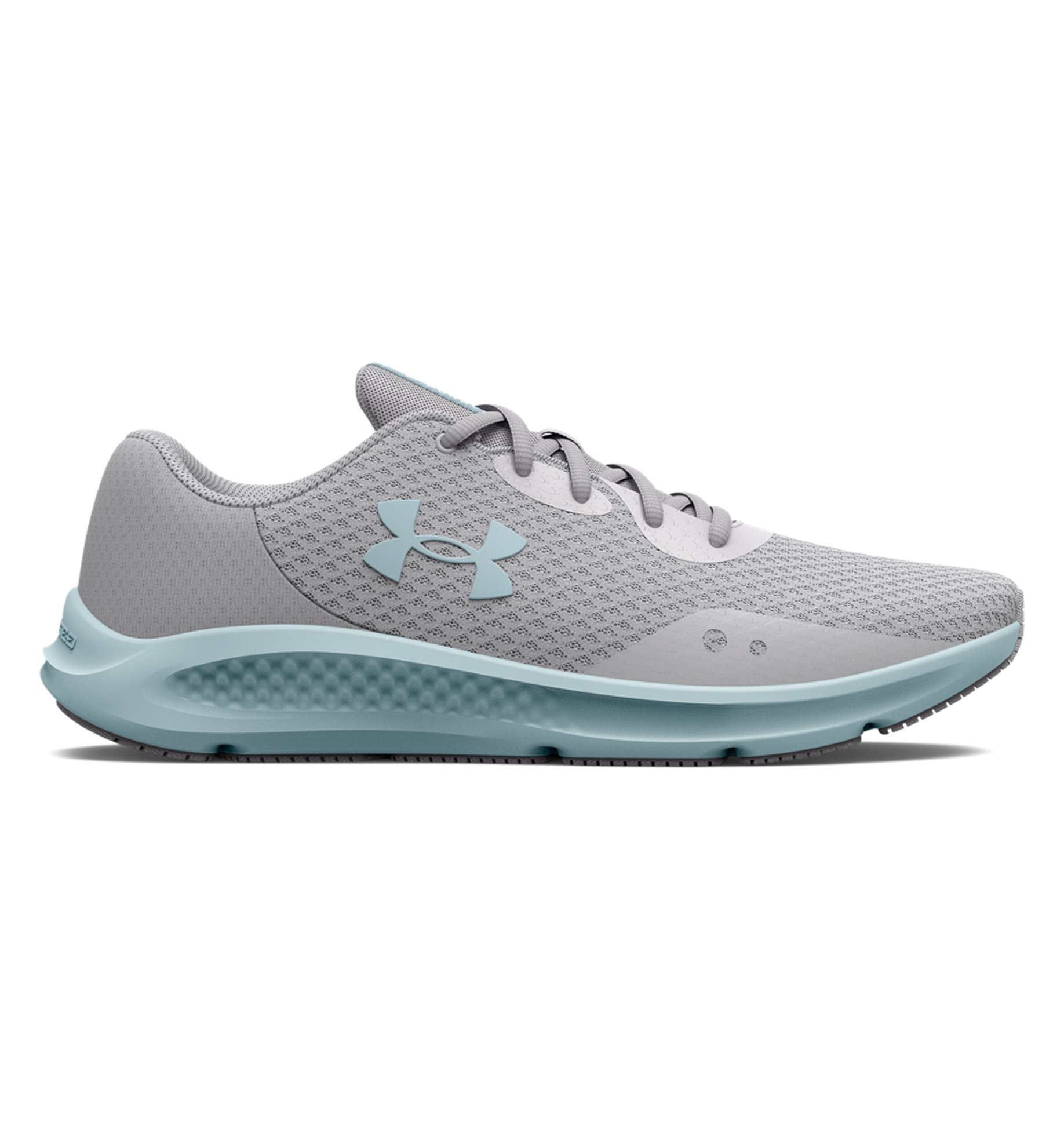 Under Armour Women's UA Charged Pursuit 3 Running Shoes in grey and aqua, featuring breathable mesh and cushioned soles.