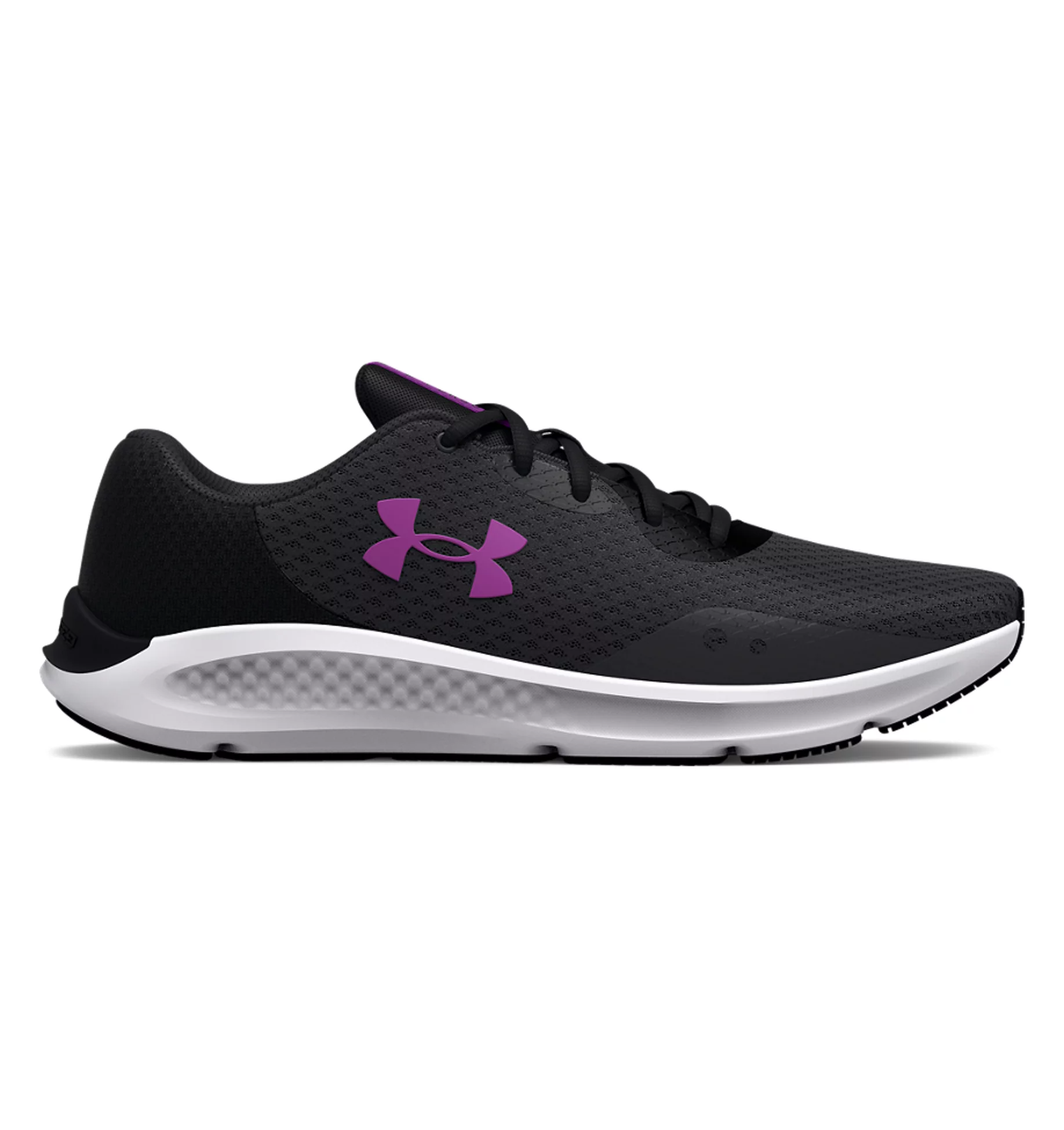 Under Armour Women's UA Charged Pursuit 3 running shoes in black and purple with breathable mesh upper for comfort and performance.