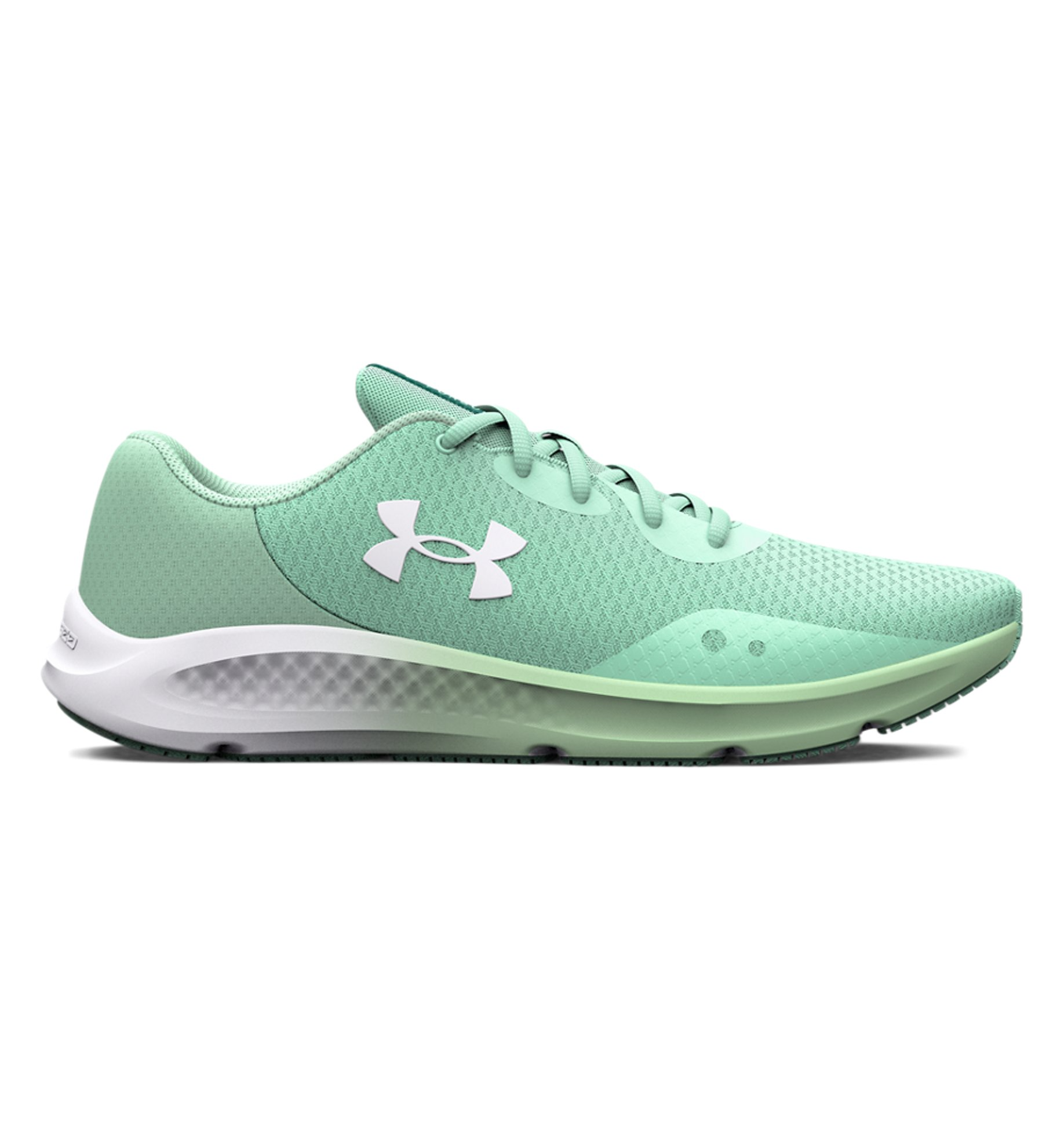 Under Armour Women's UA Charged Pursuit 3 Running Shoes in mint green, featuring mesh upper for breathability and cushioned support.