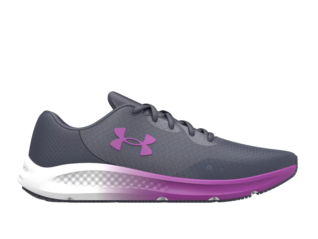 Under Armour Women's UA Charged Pursuit 3 running shoes in gray and purple, featuring lightweight mesh and Charged Cushioning technology.