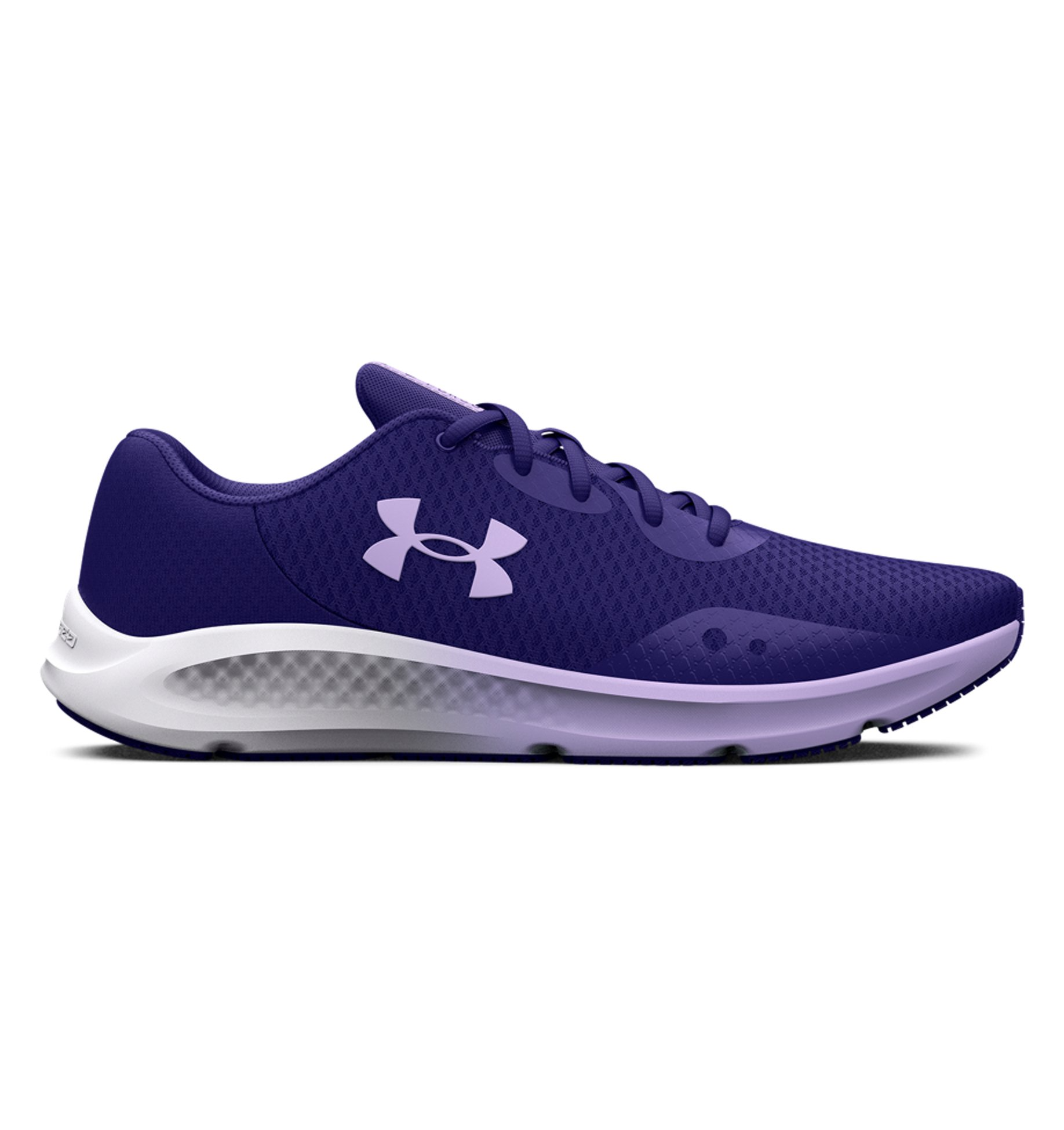 Under Armour Women's UA Charged Pursuit 3 Running Shoes in purple, featuring breathable mesh and cushioned sole for comfort.