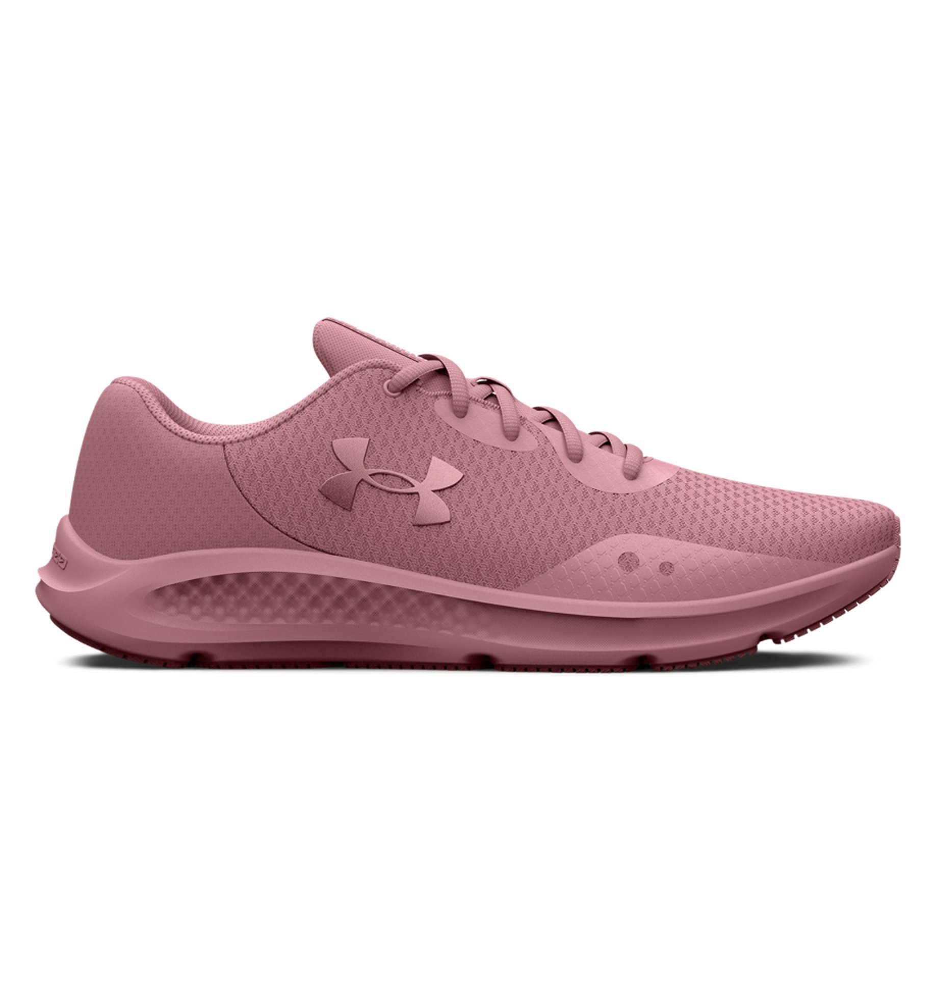 Under Armour Women's UA Charged Pursuit 3 Running Shoes in pink, featuring breathable mesh upper and cushioned comfort for running.