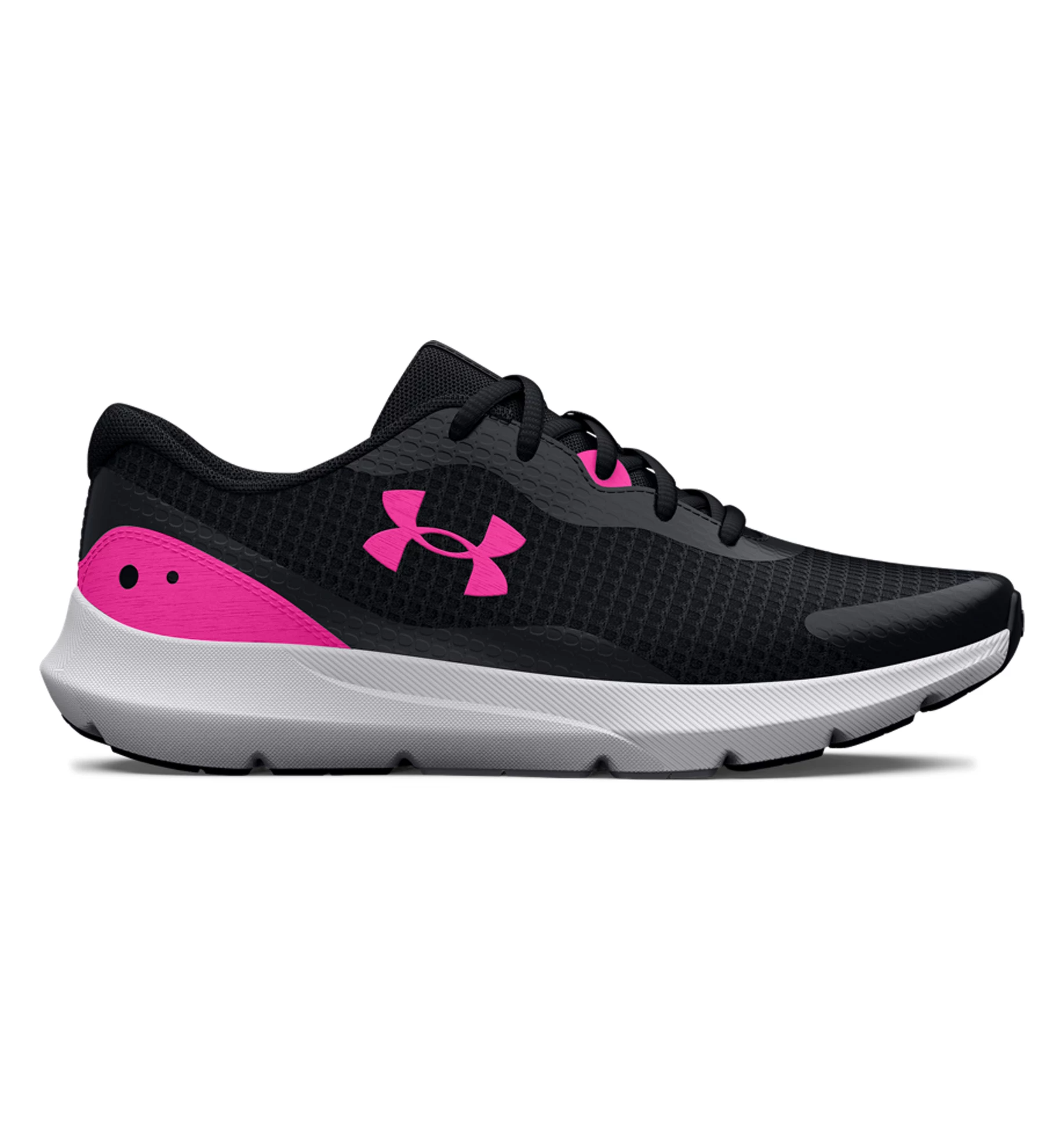 Under Armour Women's UA Surge 3 Running Shoes in black and pink, featuring breathable mesh and cushioned midsole for comfort.