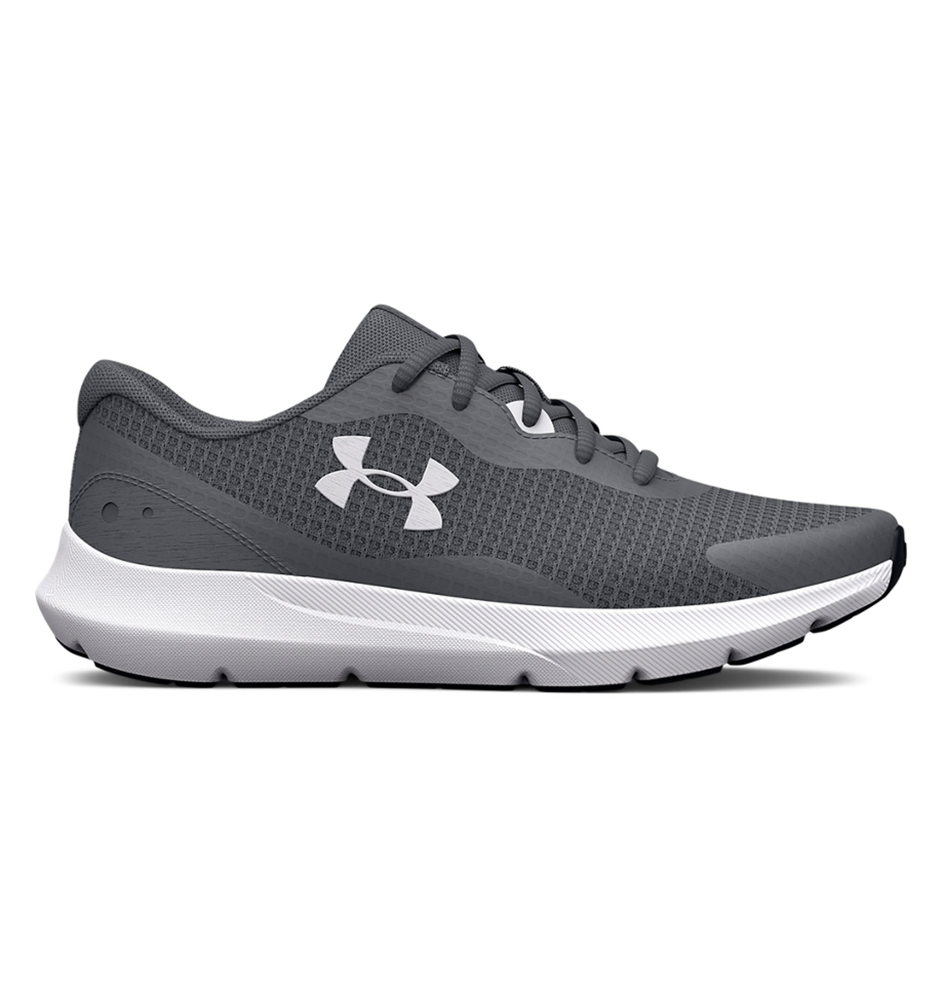 Under Armour Women's UA Surge 3 Running Shoes in gray, featuring a breathable mesh upper and cushioned EVA midsole.