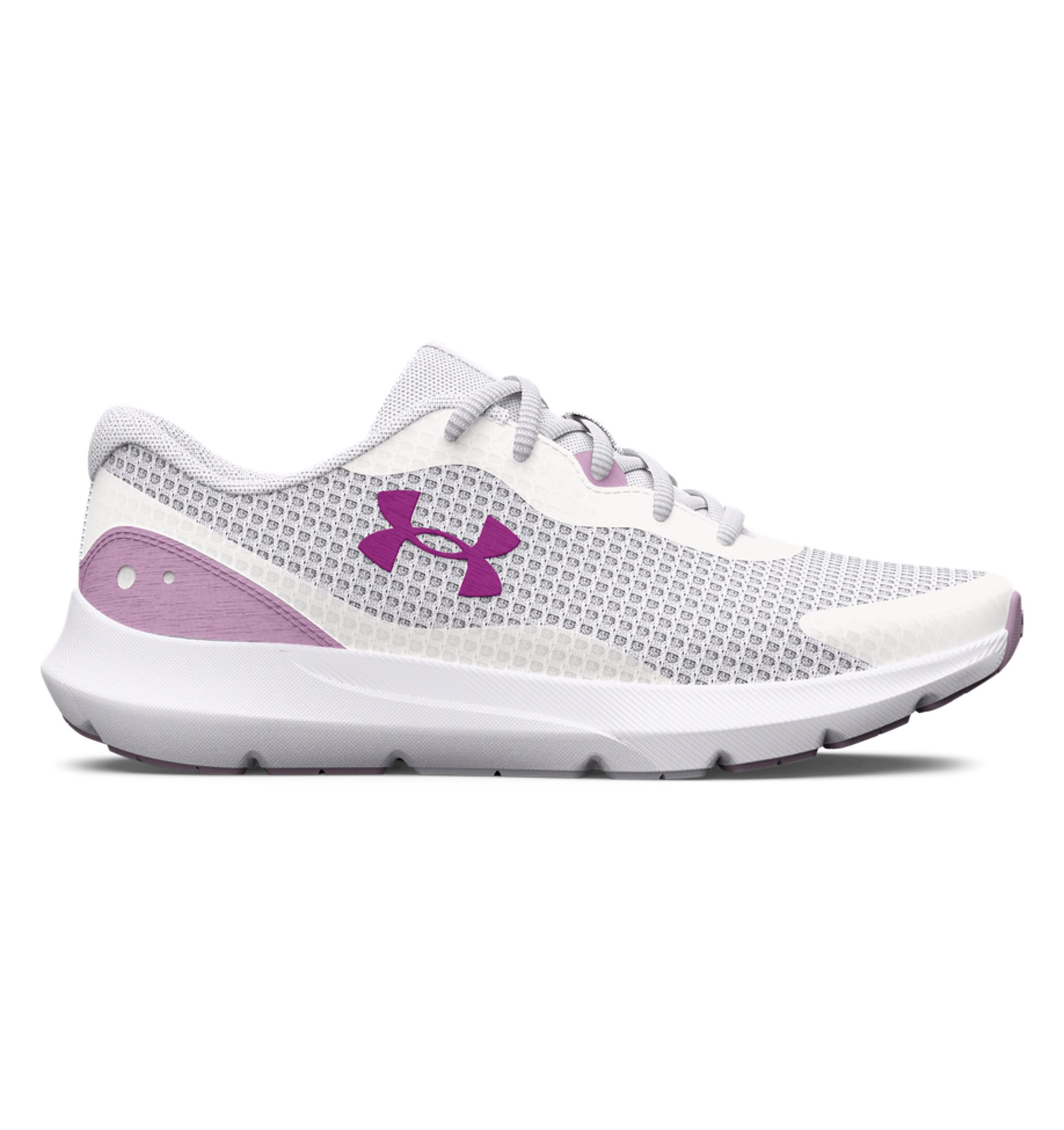 Under Armour Women's UA Surge 3 Running Shoes in white and purple, featuring lightweight mesh upper and cushioned midsole.