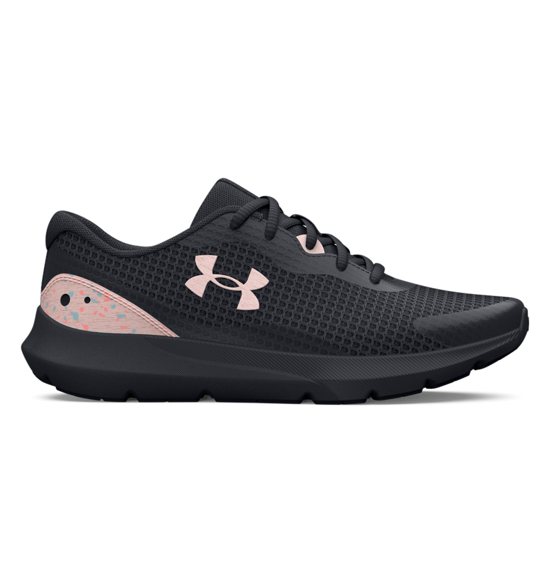 Under Armour Women's UA Surge 3 Running Shoes in black with pink accents, featuring a lightweight mesh upper and cushioned sole.