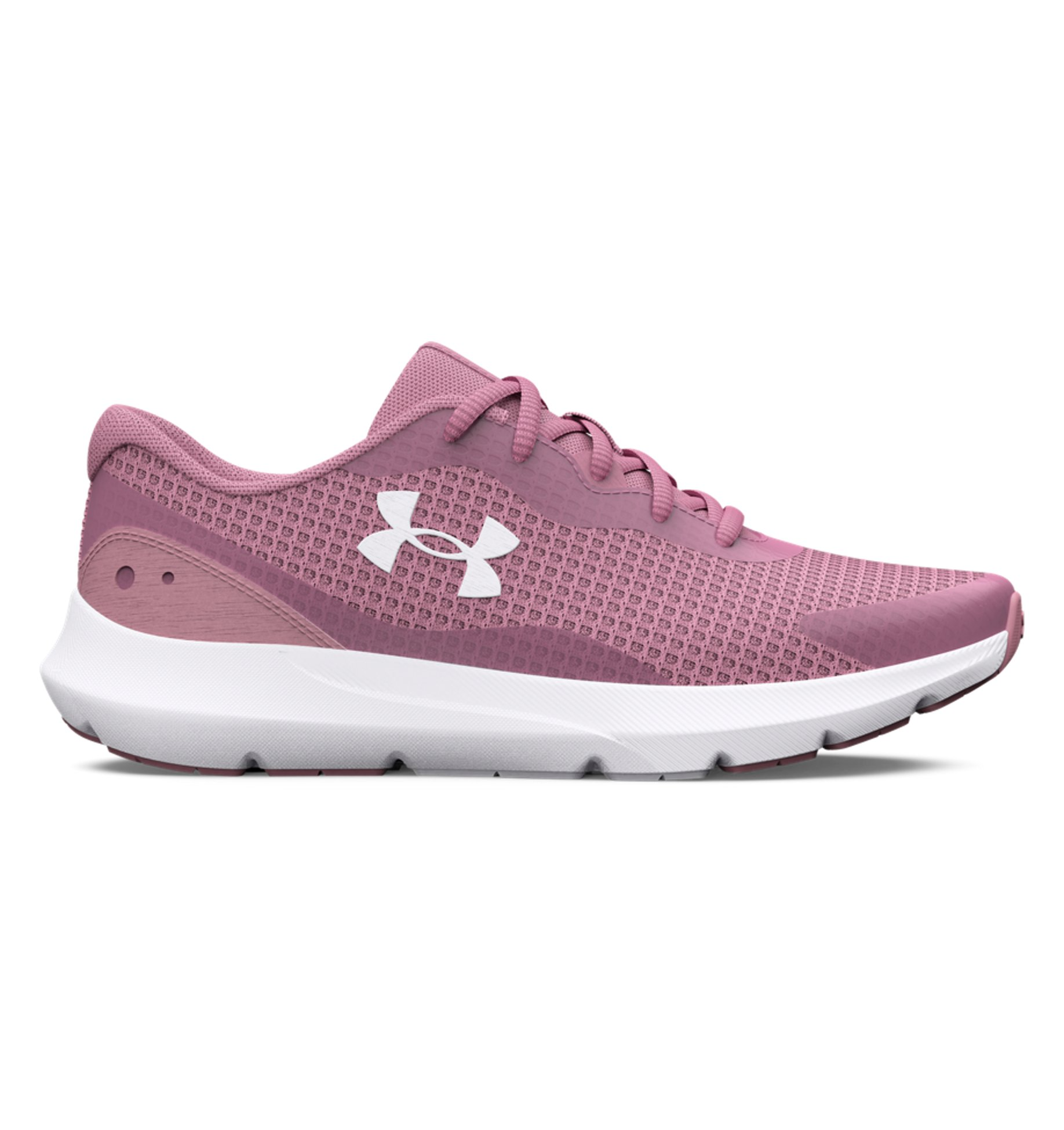 Under Armour Women's UA Surge 3 Running Shoes in pink, featuring lightweight mesh upper and cushioned midsole for comfort.