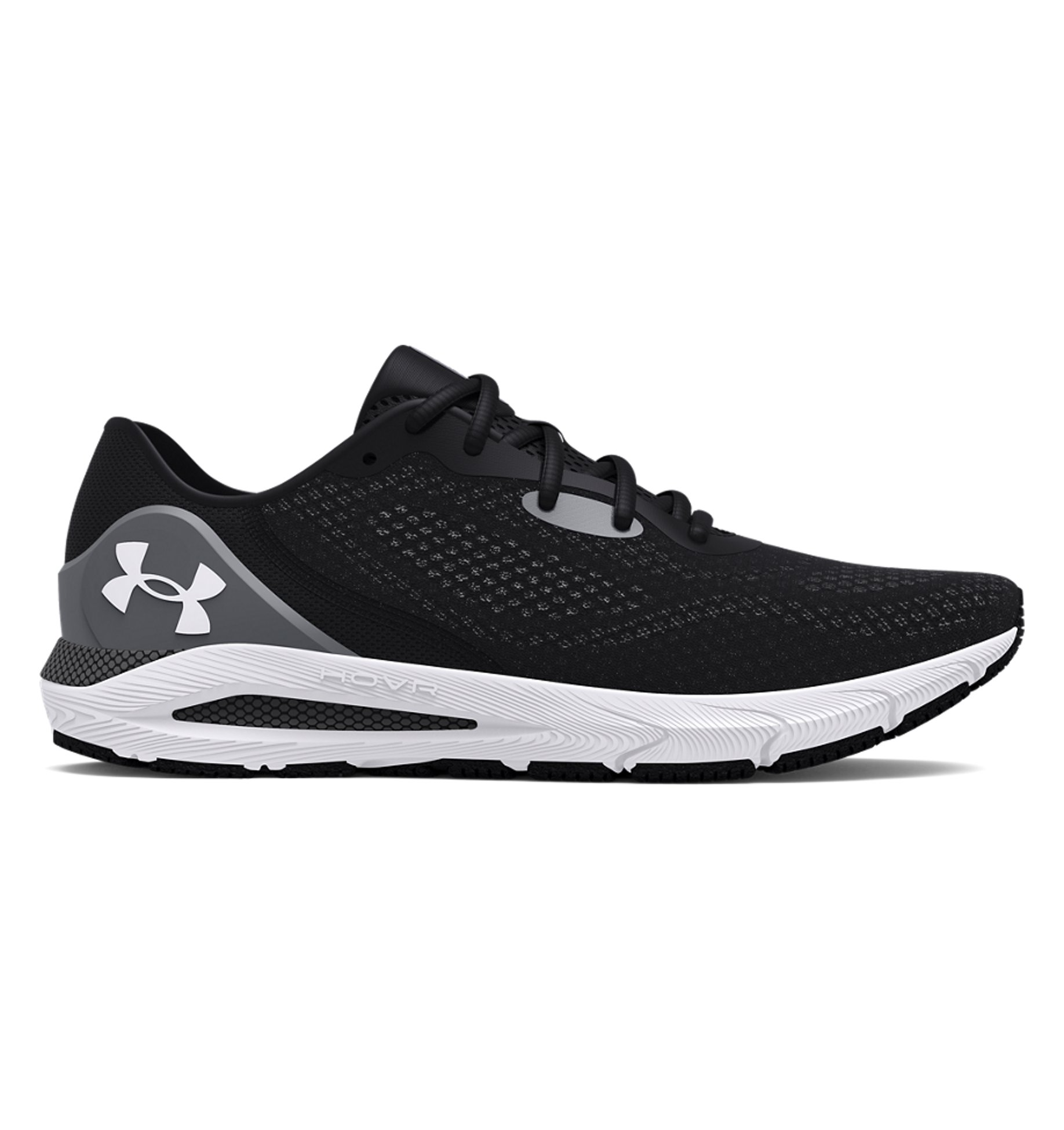 Under Armour UA HOVR Sonic 5 running shoes in black and white for flexible distance running and real-time coaching.