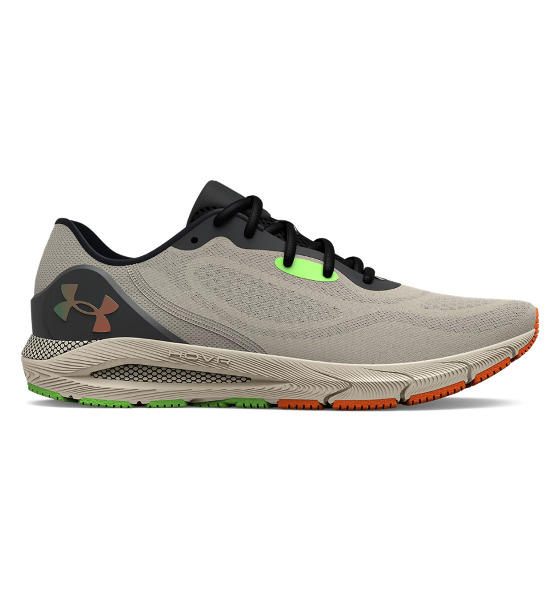 Under Armour UA HOVR Sonic 5 Running Shoes in gray with green and orange accents, designed for flexibility and comfort.