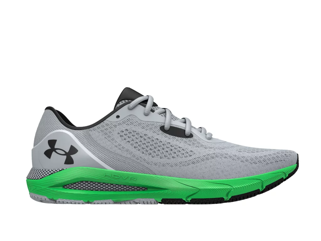 Under Armour UA HOVR Sonic 5 Running Shoes in gray and green, designed for flexibility and breathability with advanced running metrics tracking.