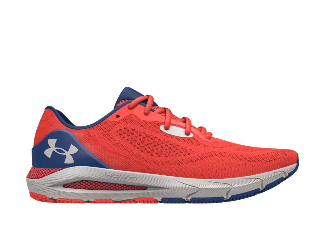 Under Armour UA HOVR Sonic 5 Running Shoes in vibrant red and navy, designed for flexibility and breathability.