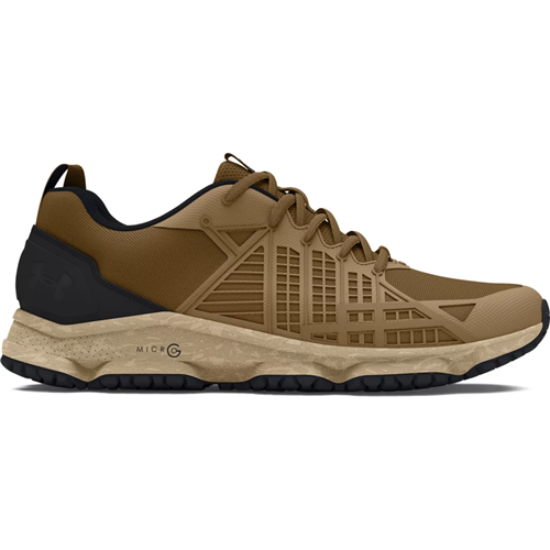 Under Armour UA Micro G Strikefast Tactical Shoes in tan, designed for stability and comfort on tough trails.