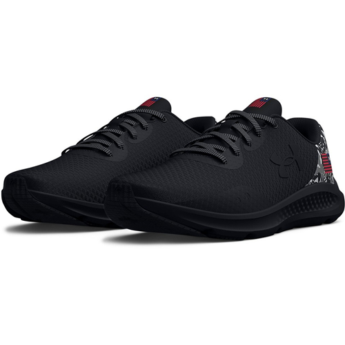 Under Armour Men's UA Charged Pursuit 3 USA running shoes in black, featuring breathable mesh and Charged Cushioning® technology.