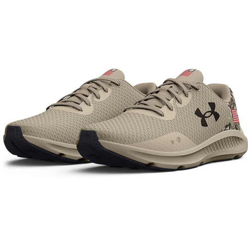 Under Armour Men's UA Charged Pursuit 3 USA Running Shoes in beige with flag design, featuring breathable mesh and cushioned midsole.