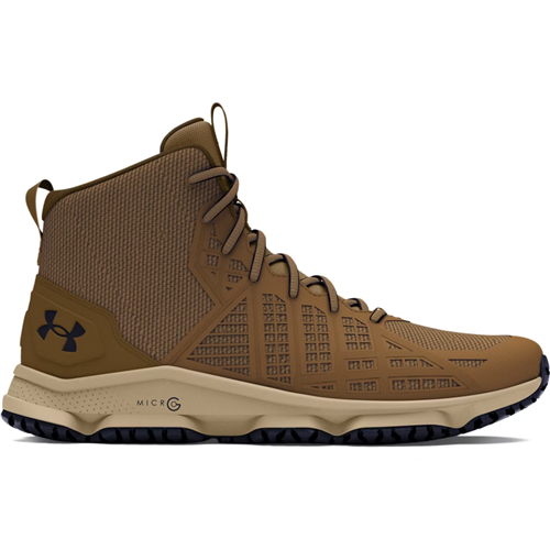 Under Armour Men's UA Micro G Strikefast Mid Tactical Shoes in brown, featuring breathable synthetic upper and Micro G cushioning.