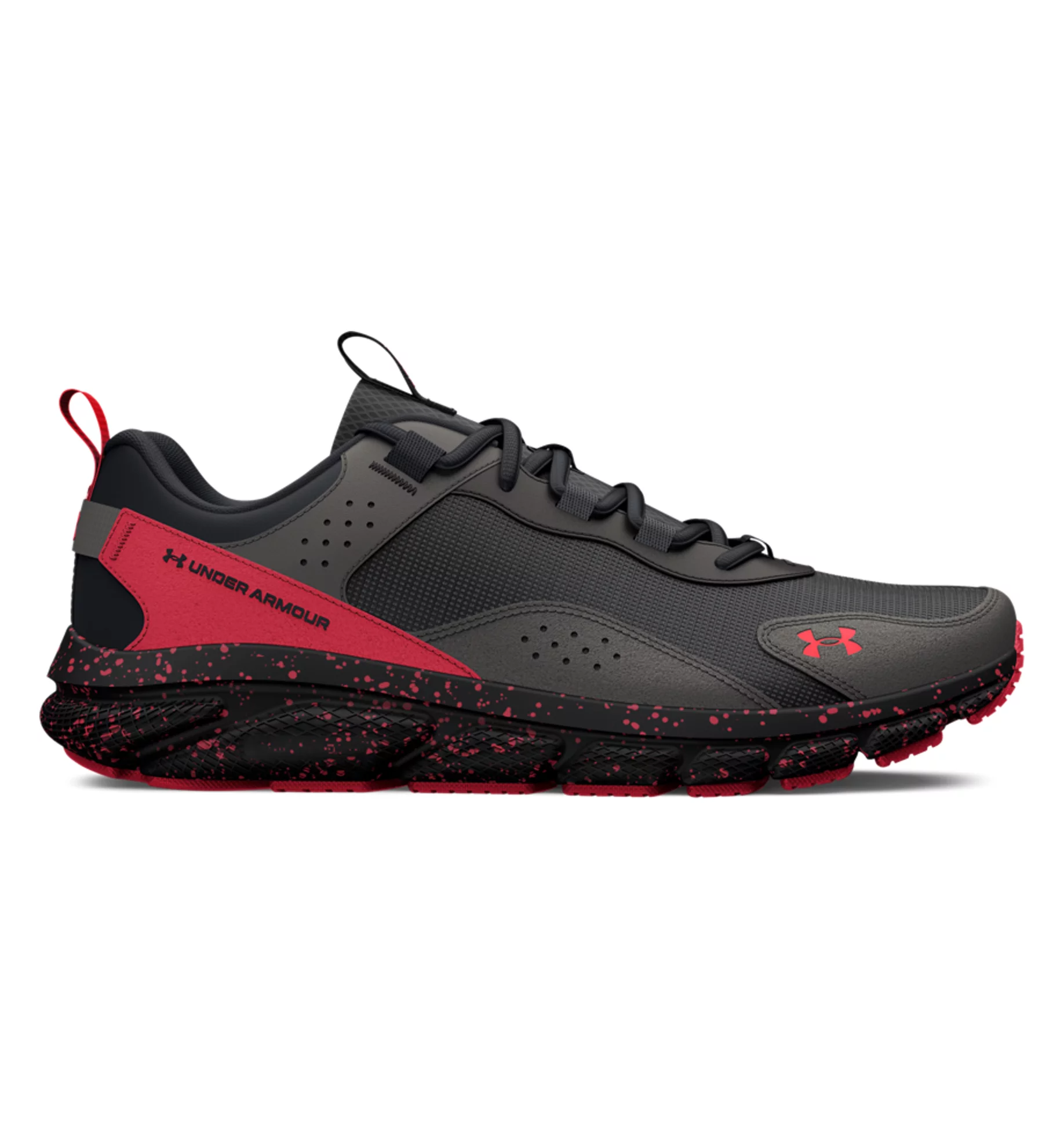 Under Armour UA Charged Verssert Speckle Running Shoes in black and red, featuring a breathable upper and cushioned sole for comfort.