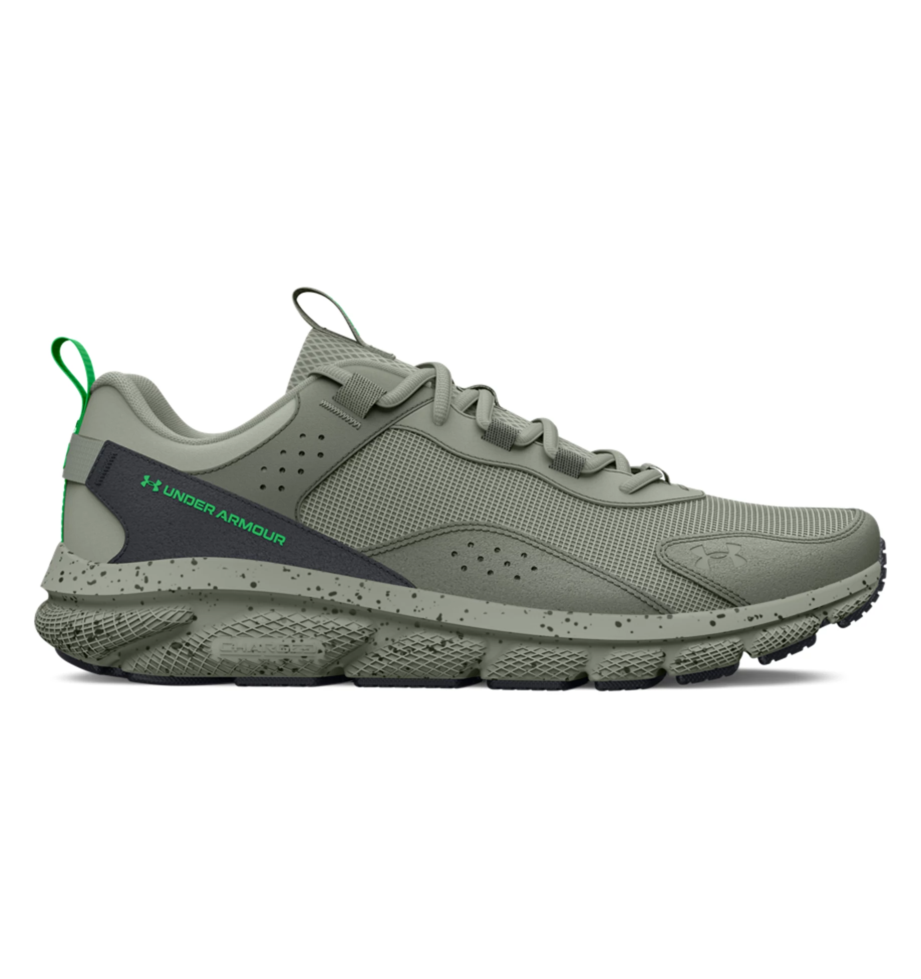 Under Armour UA Charged Verssert Speckle Running Shoes in green, featuring breathable mesh and durable overlays for comfort and support.