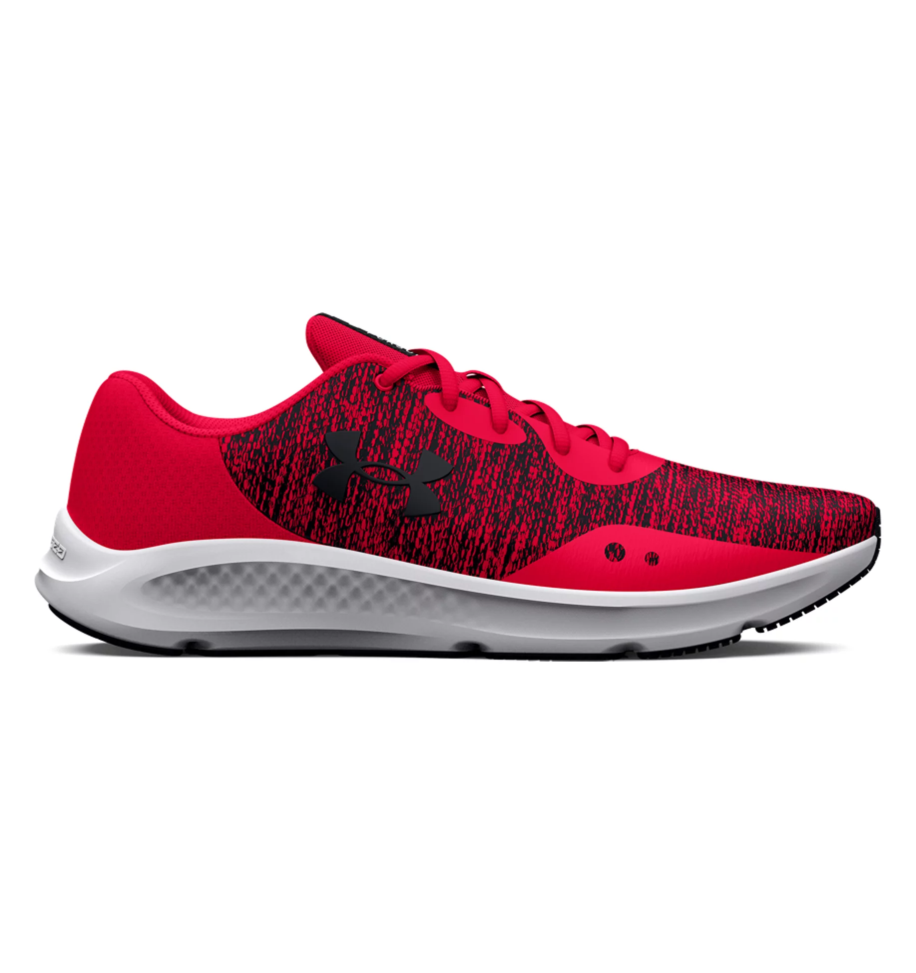 Under Armour UA Charged Pursuit 3 Twist Running Shoes in vibrant red, featuring lightweight mesh and Charged Cushioning for comfort.