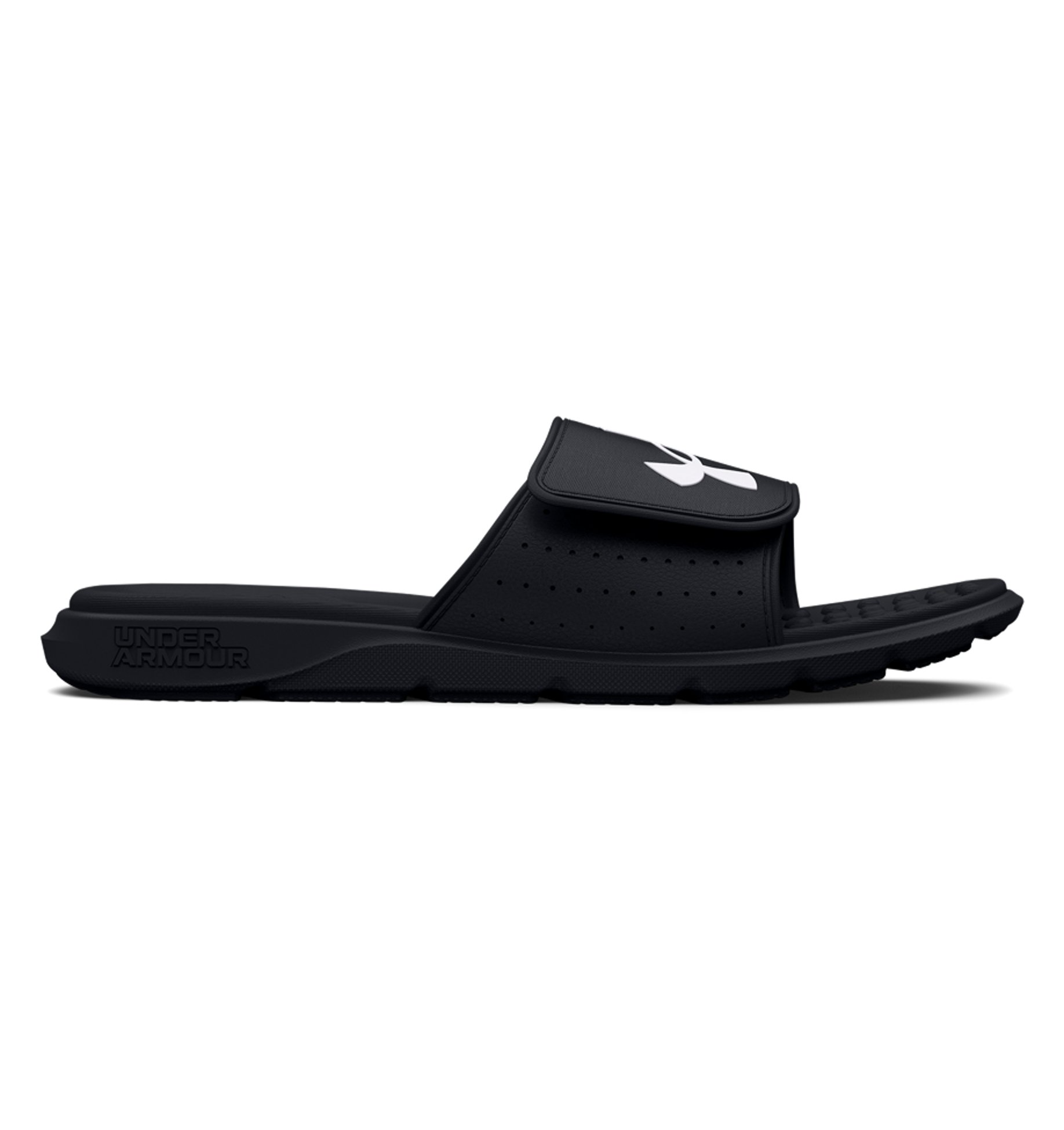 Under Armour UA Ignite Pro Slides in black with adjustable strap and breathable foam lining for comfort and support.