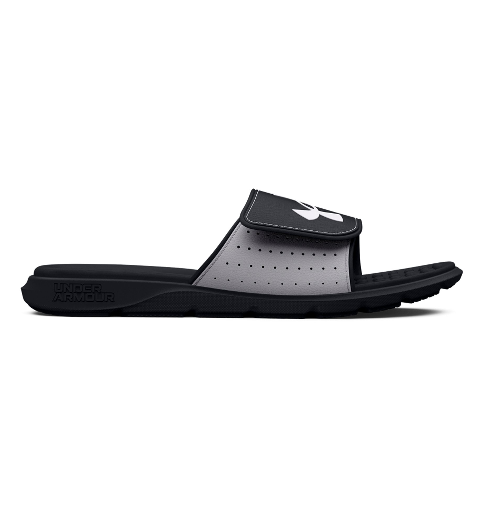 Under Armour UA Ignite Pro Slides in black and gray, featuring adjustable strap and breathable design for ultimate comfort.