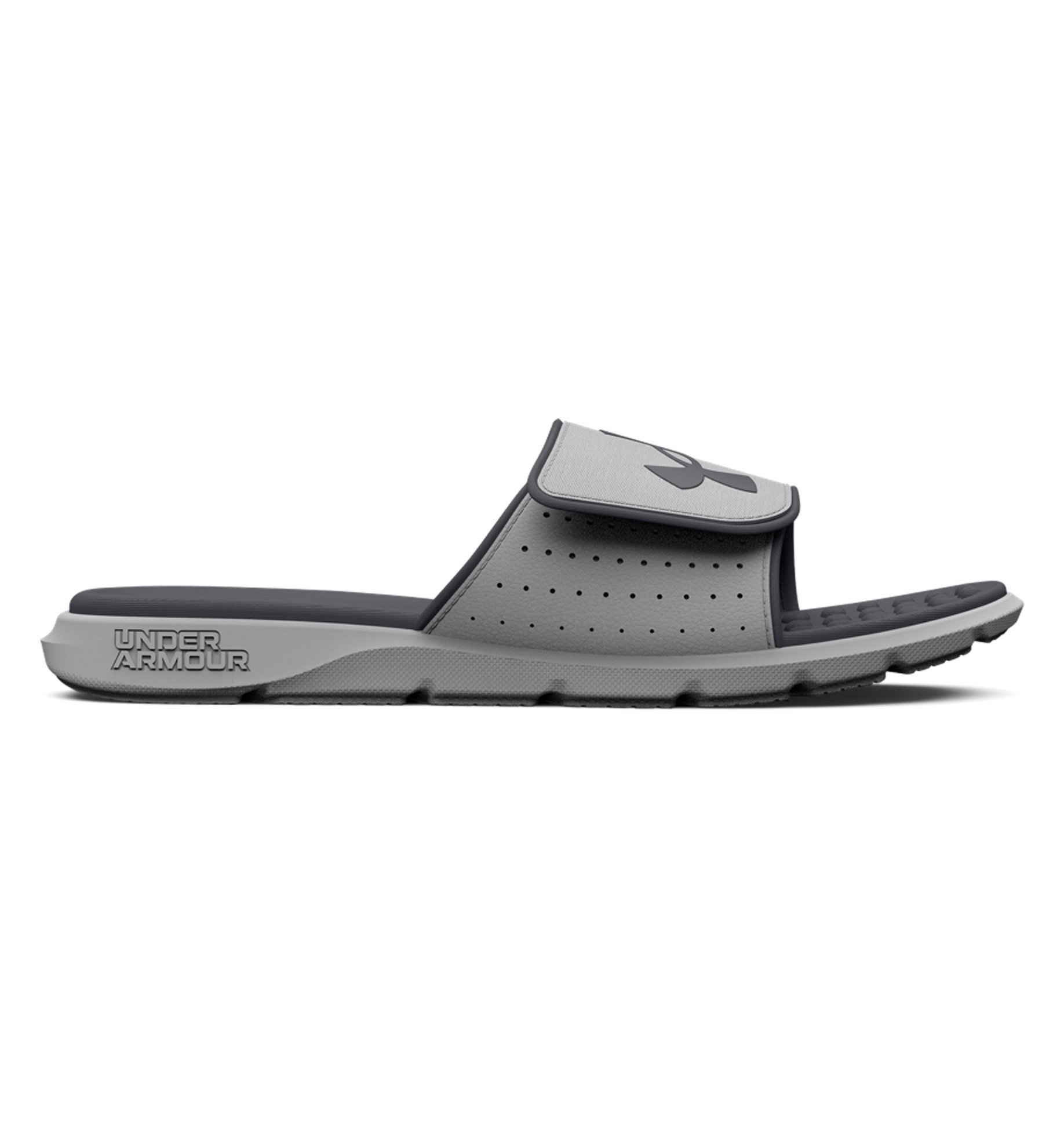 Under Armour UA Ignite Pro Slides in gray with adjustable strap, memory foam footbed, and breathable design for ultimate comfort.