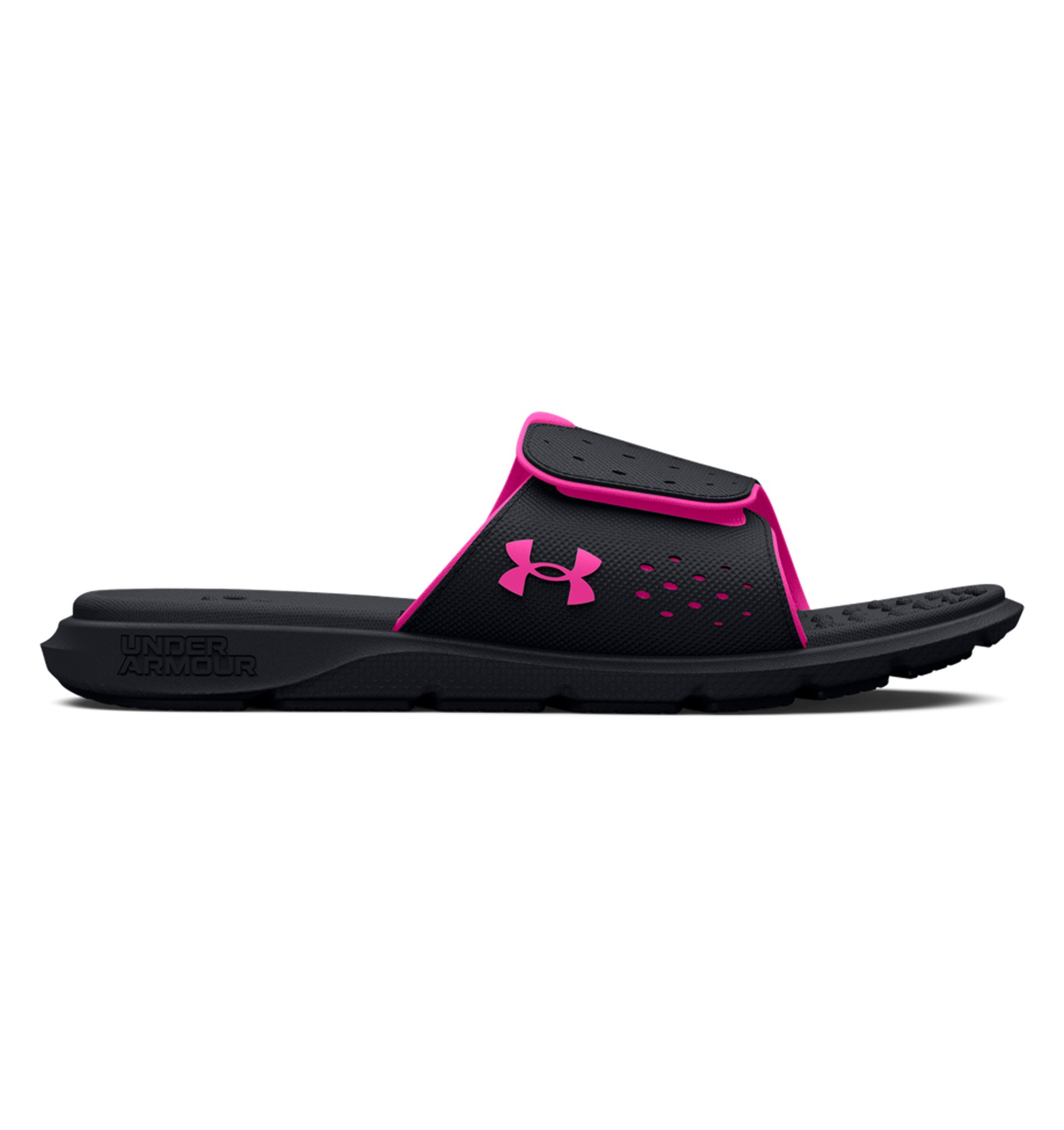 Under Armour Women's UA Ignite Pro Slides in black and pink with adjustable strap and textured foam footbed for comfort.