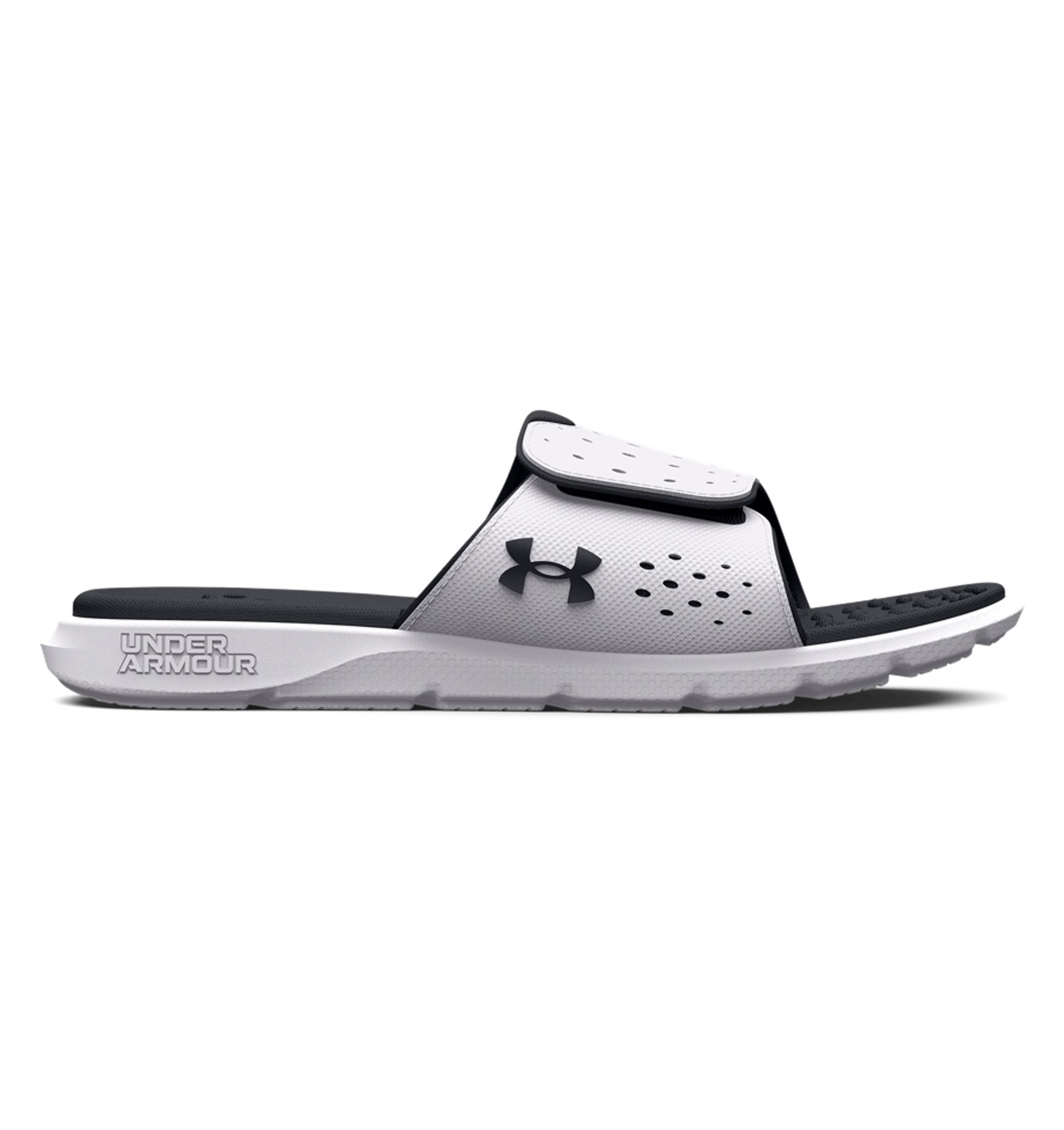 Under Armour Women's UA Ignite Pro Slides in black and white with adjustable strap and textured footbed for comfort.