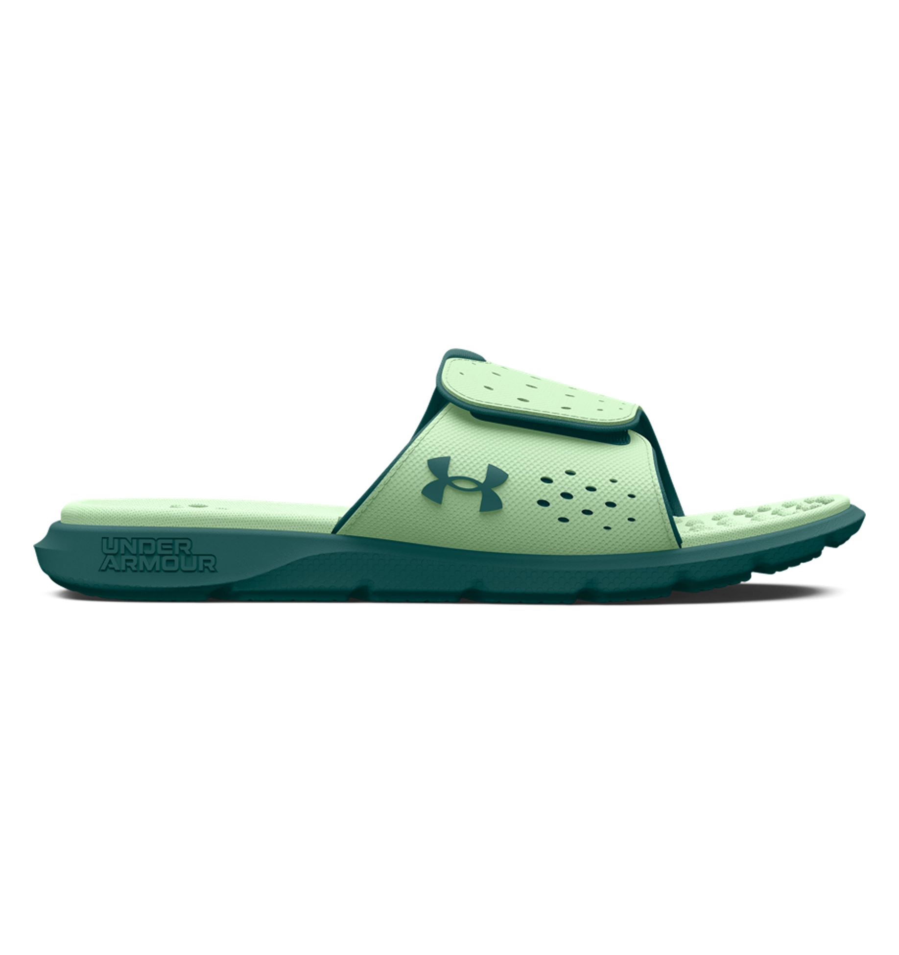 Under Armour Women's UA Ignite Pro Slides in light green, featuring adjustable strap and textured foam footbed for comfort.