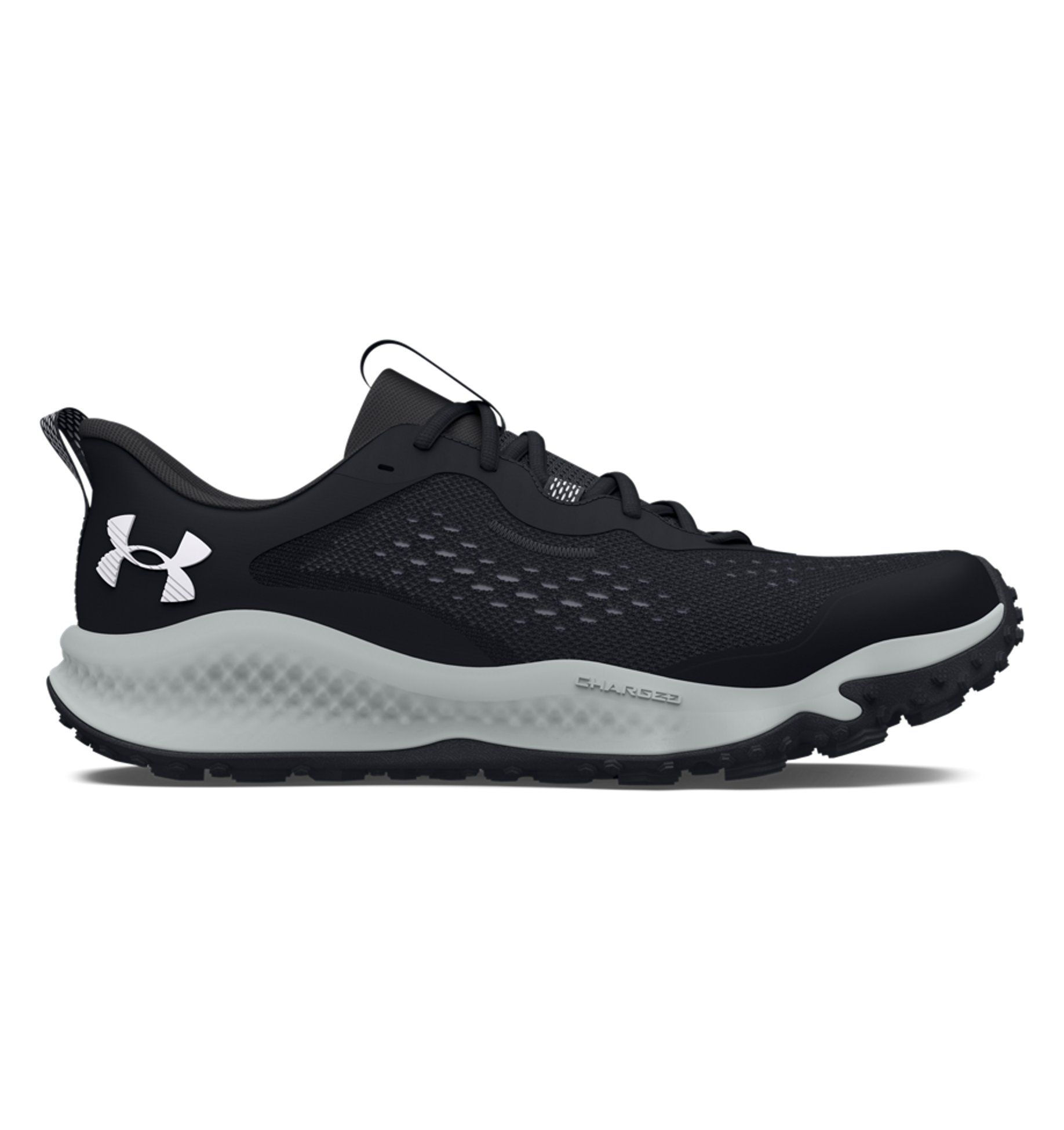 Under Armour Men's UA Charged Maven Trail Running Shoes in black, featuring breathable mesh and durable design for trail comfort.