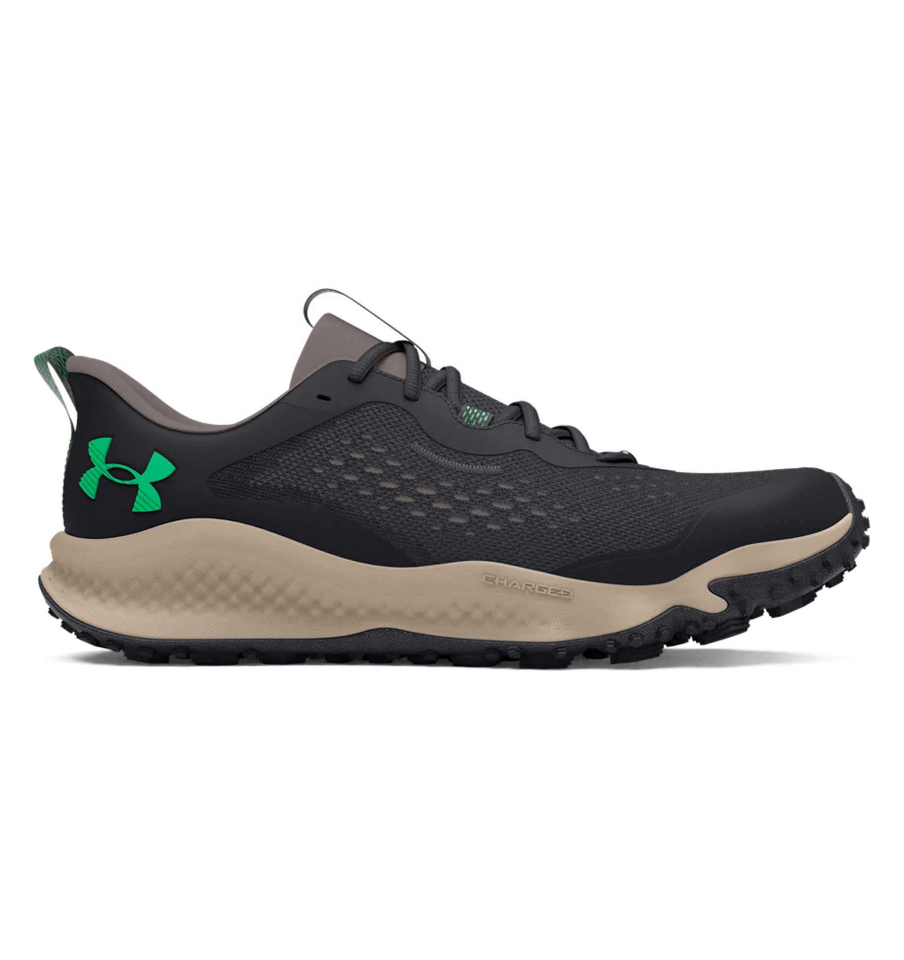 Under Armour Men's UA Charged Maven Trail Running Shoes in black and green, featuring a lightweight mesh upper and durable outsole.