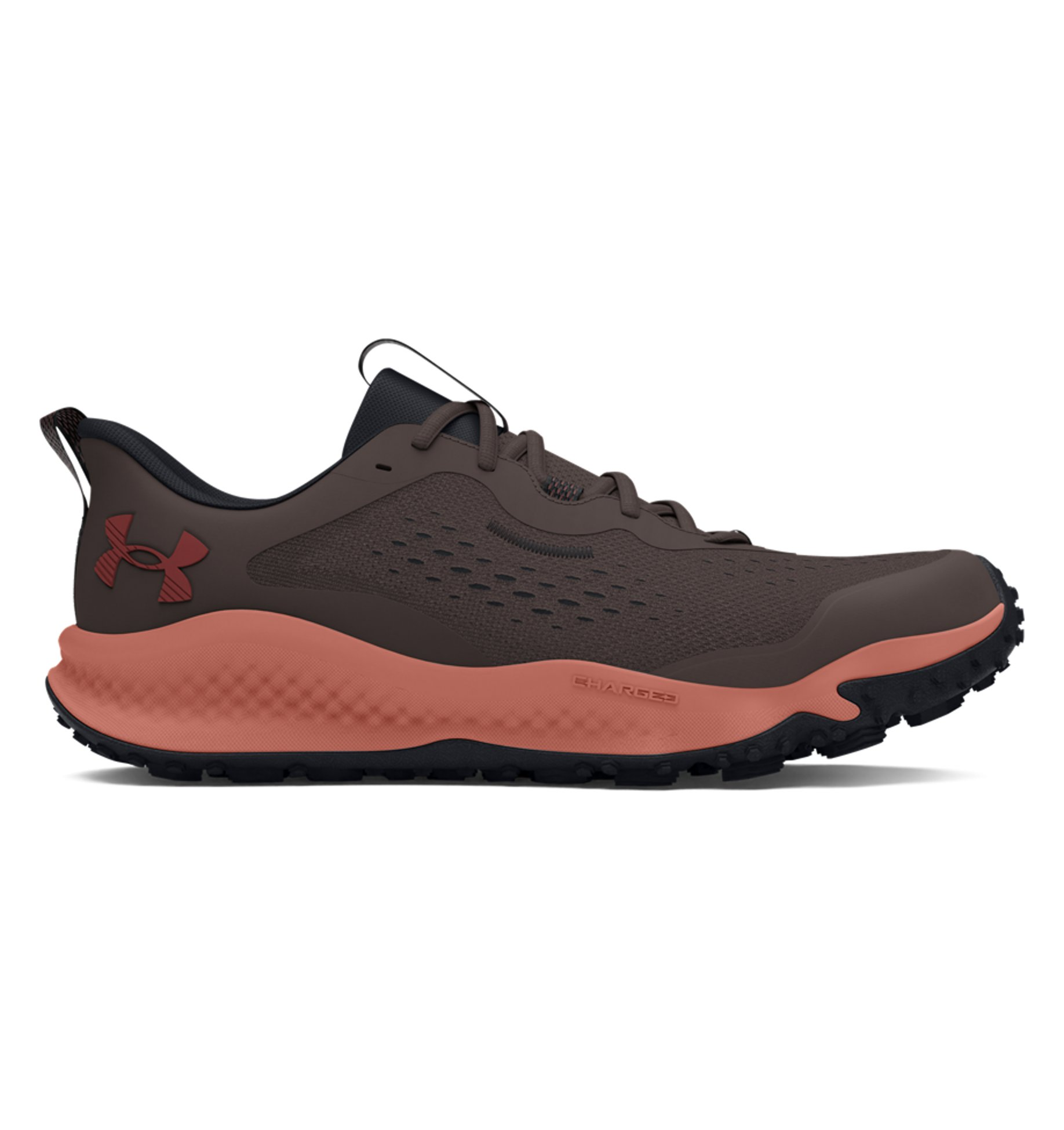 Under Armour Women's UA Charged Maven Trail Running Shoes in dark grey and coral, designed for comfort and durability on trails.