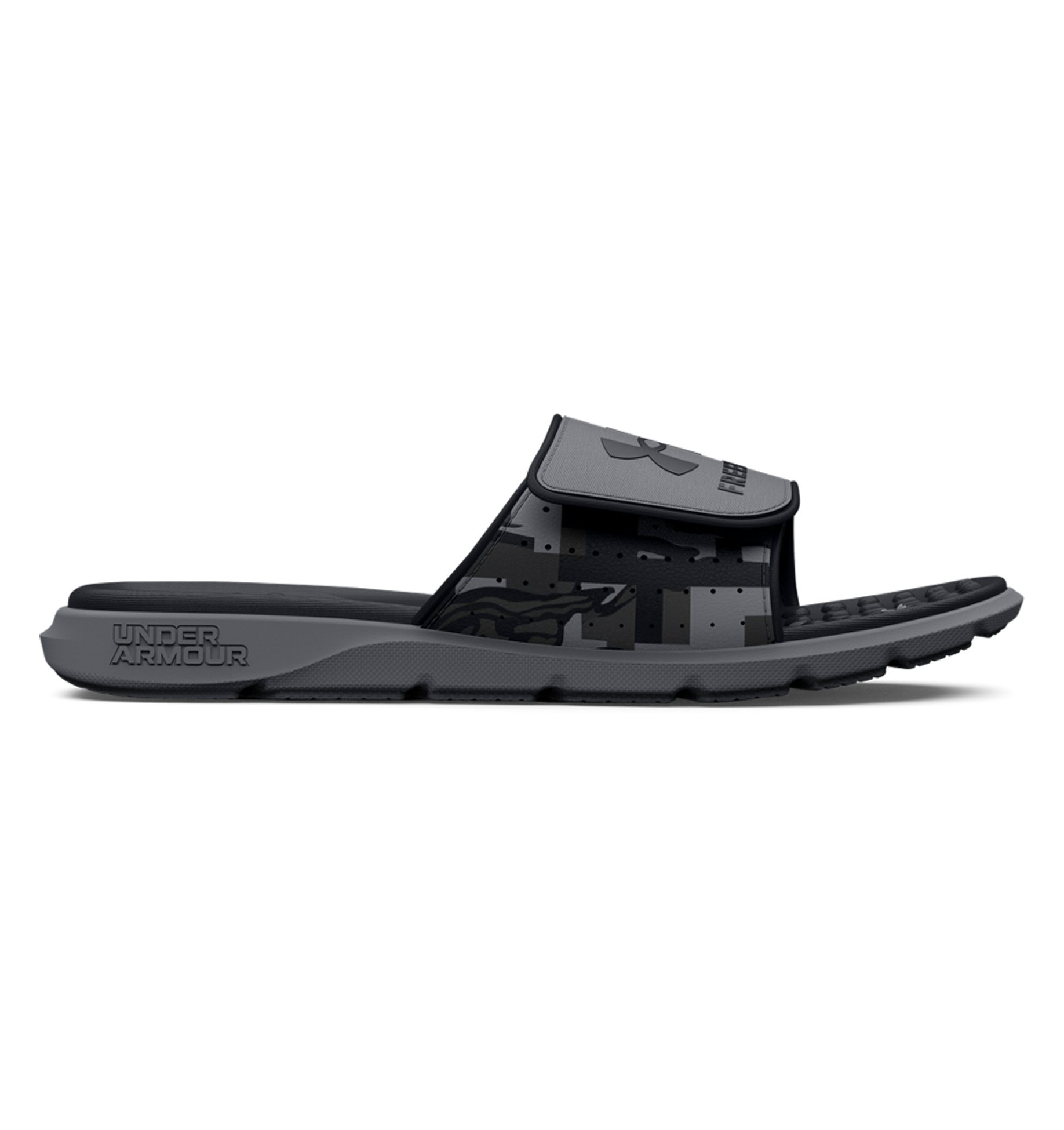 Under Armour UA Ignite Pro Freedom Slides showcasing adjustable strap, textured foam footbed, and durable EVA outsole for comfort.