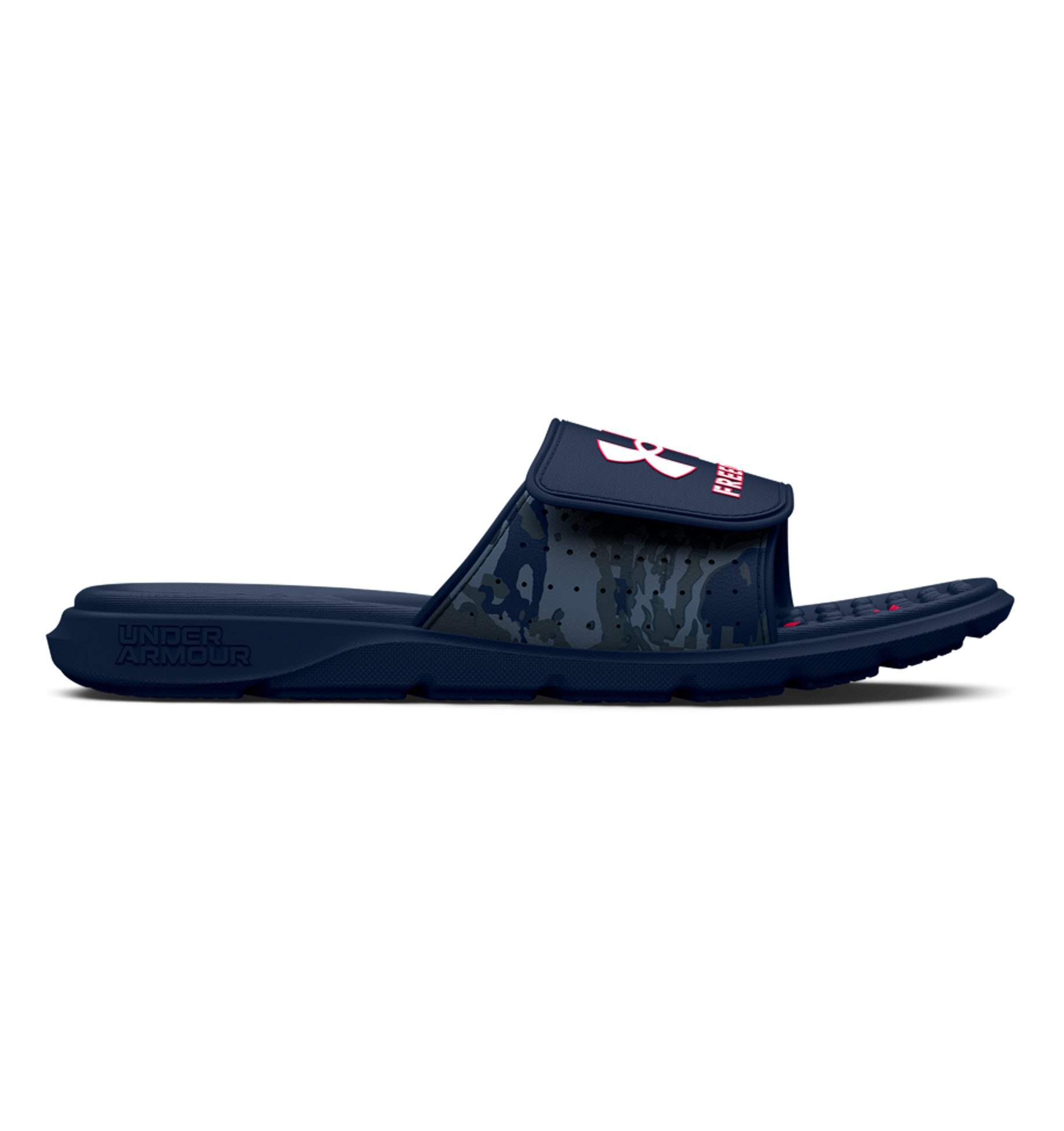 Under Armour UA Ignite Pro Freedom Slides in navy with adjustable strap, memory foam footbed, and durable outsole for comfort.