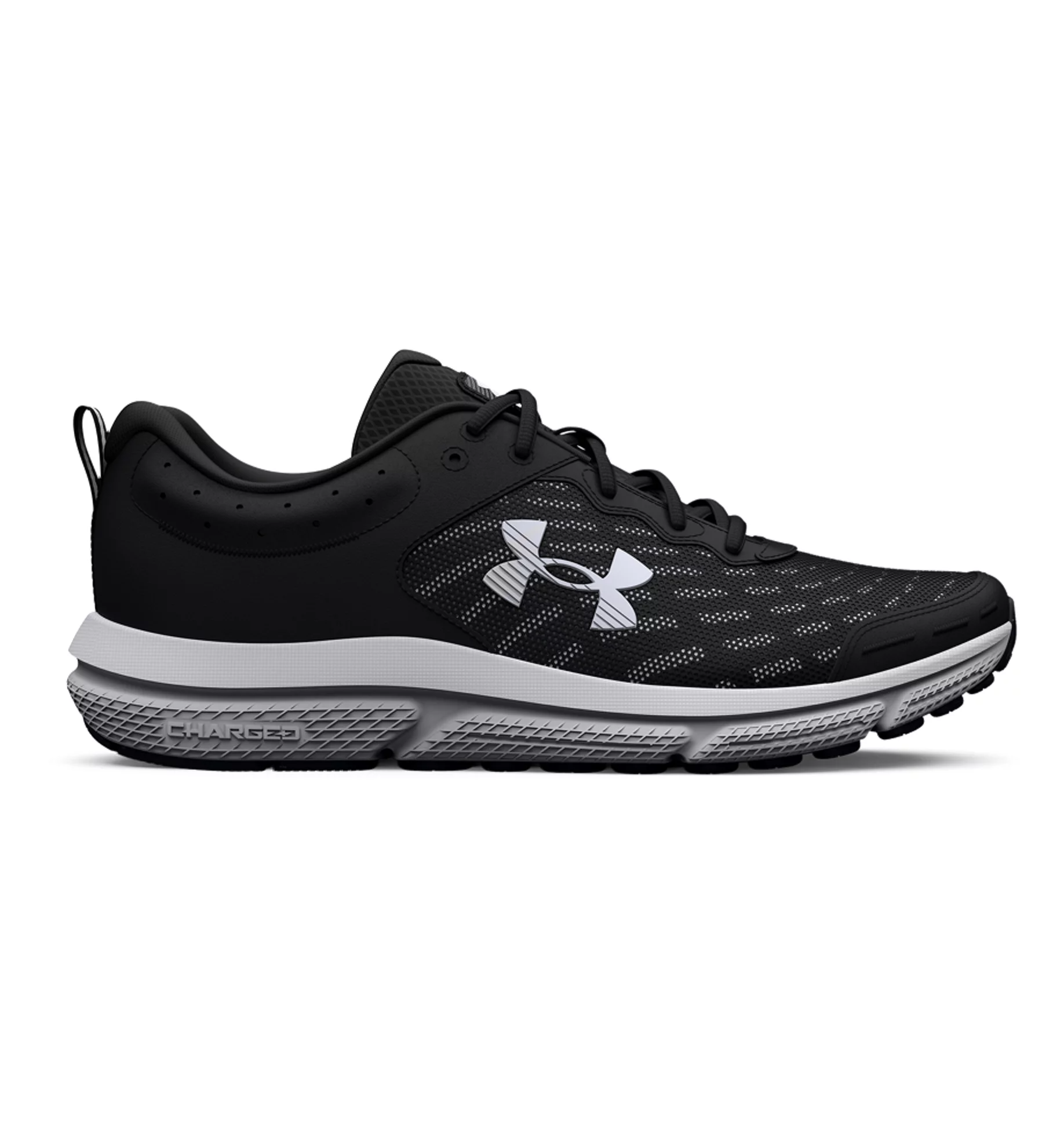 Under Armour UA Charged Assert 10 Running Shoes in black, featuring breathable mesh upper and Charged Cushioning for comfort.