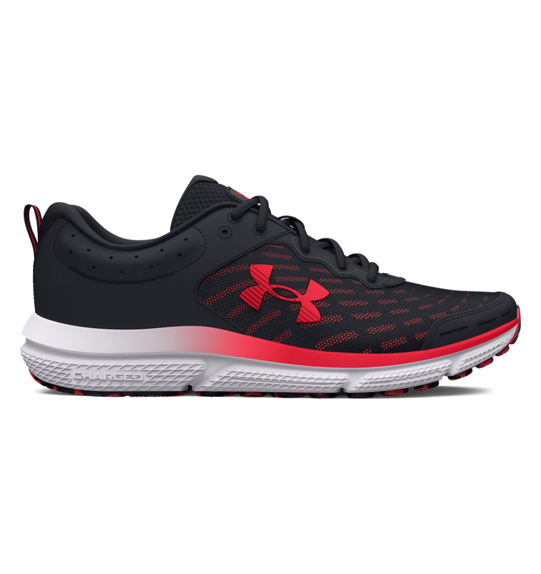 Under Armour UA Charged Assert 10 Running Shoes in black and red, featuring breathable mesh upper and Charged Cushioning midsole.