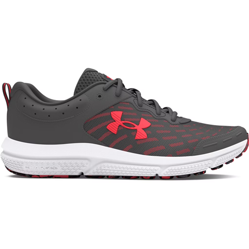 Under Armour UA Charged Assert 10 Running Shoes in gray and pink, featuring breathable mesh upper and Charged Cushioning.