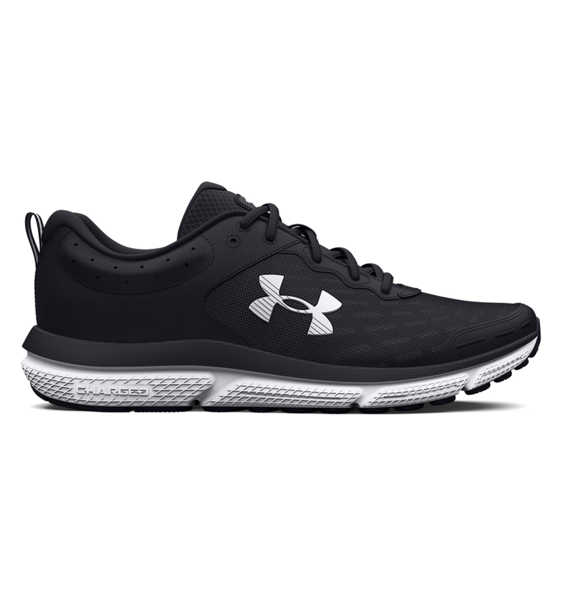 Under Armour Women's UA Charged Assert 10 running shoes in black, featuring breathable mesh and Charged Cushioning for comfort.