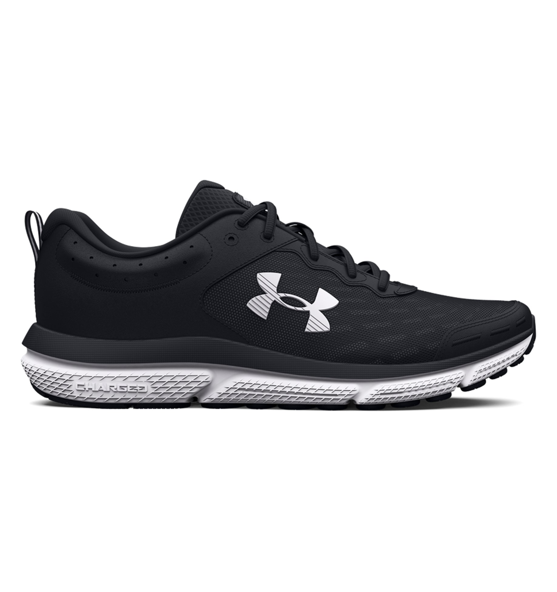 Under Armour Women's UA Charged Assert 10 Running Shoes in black with breathable mesh upper and Charged Cushioning midsole.