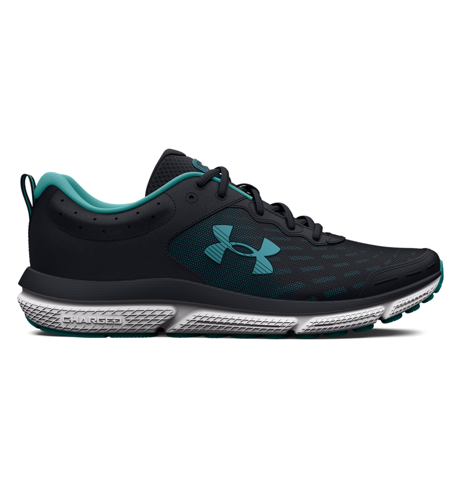 Under Armour Women's UA Charged Assert 10 Running Shoes in black and teal, featuring a breathable mesh upper and Charged Cushioning.