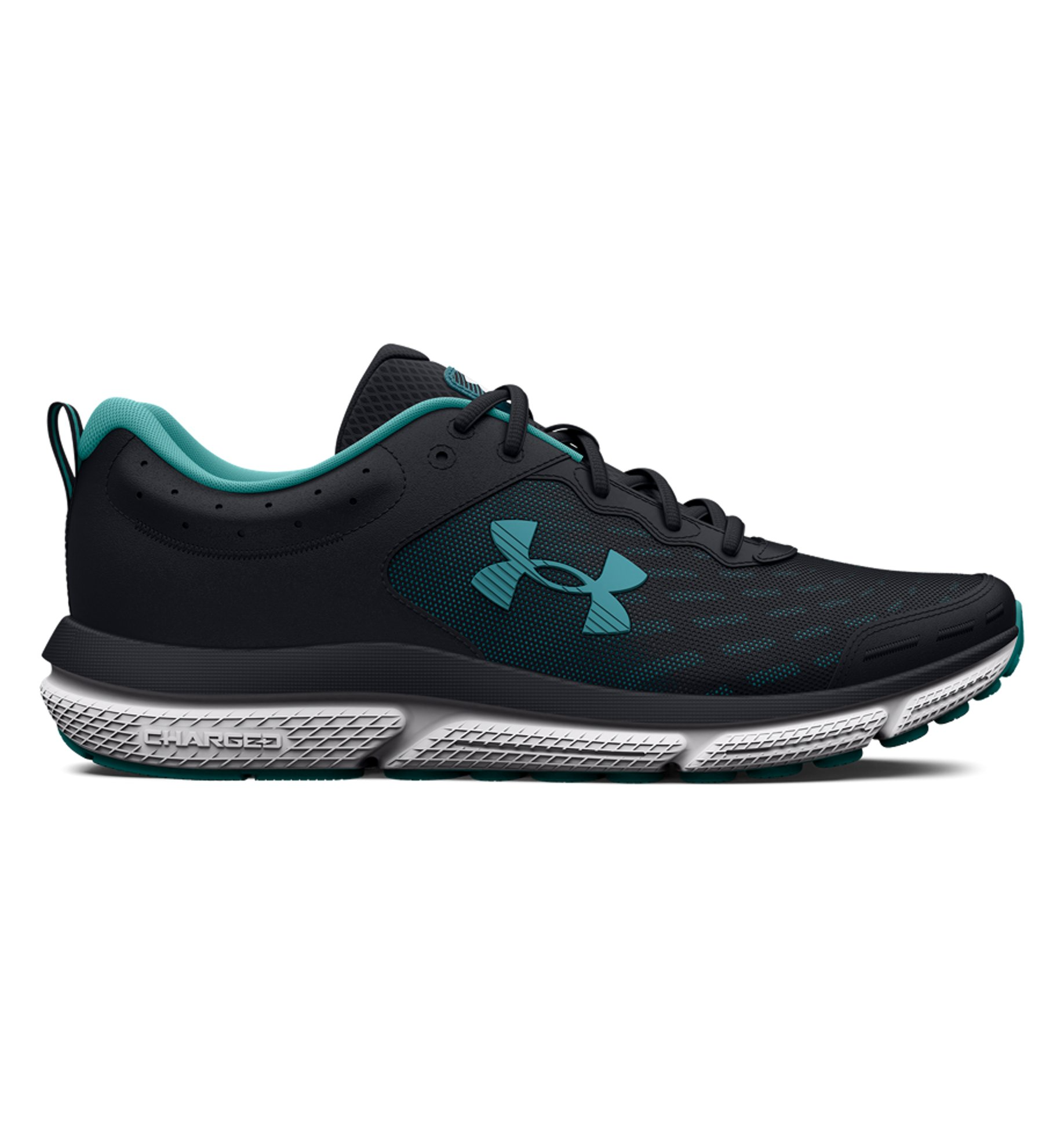 Under Armour Women's UA Charged Assert 10 running shoes in black and teal with breathable mesh upper and Charged Cushioning midsole.
