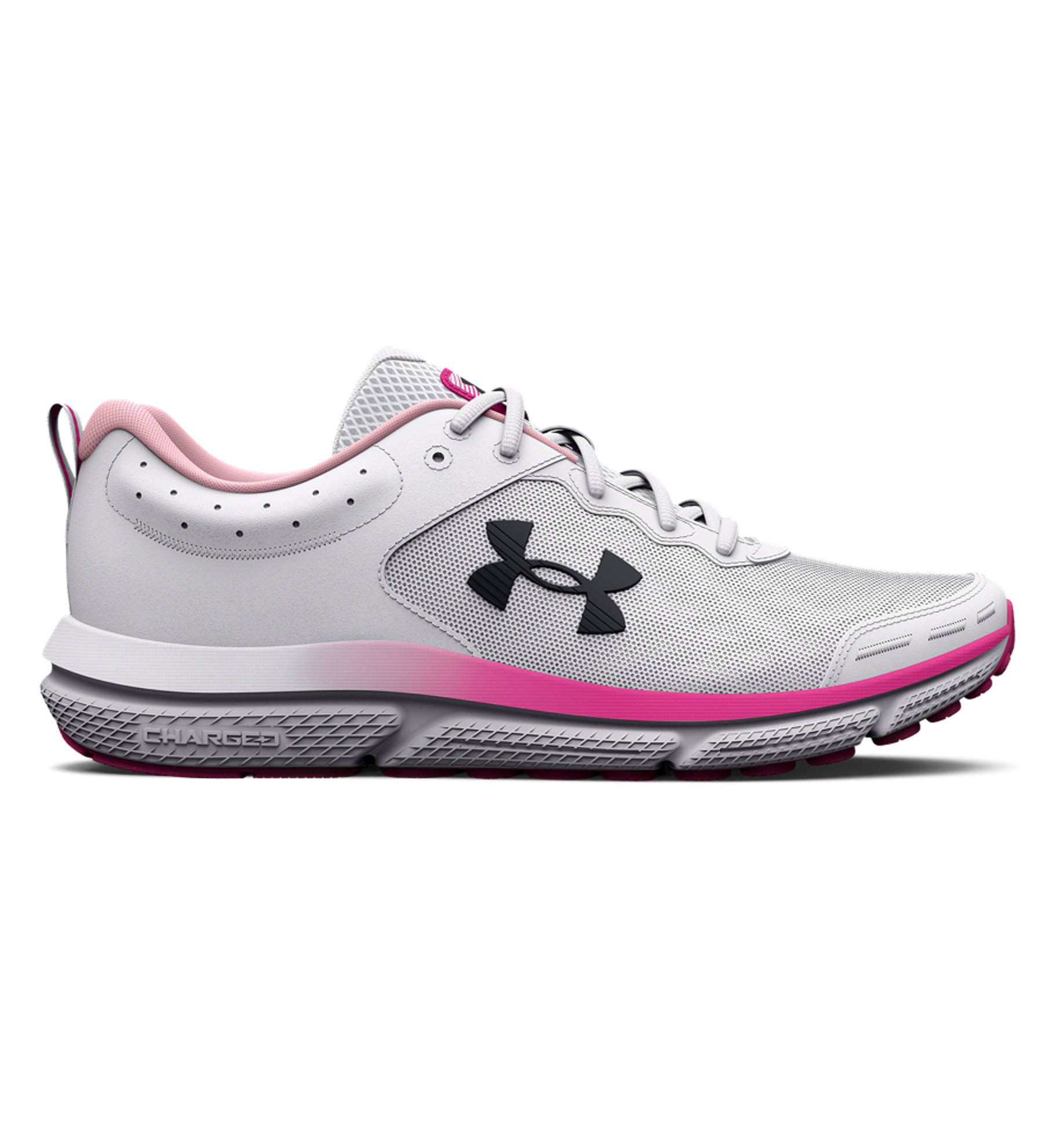 Under Armour Women's UA Charged Assert 10 Running Shoes in white and pink, featuring breathable mesh upper and Charged Cushioning.