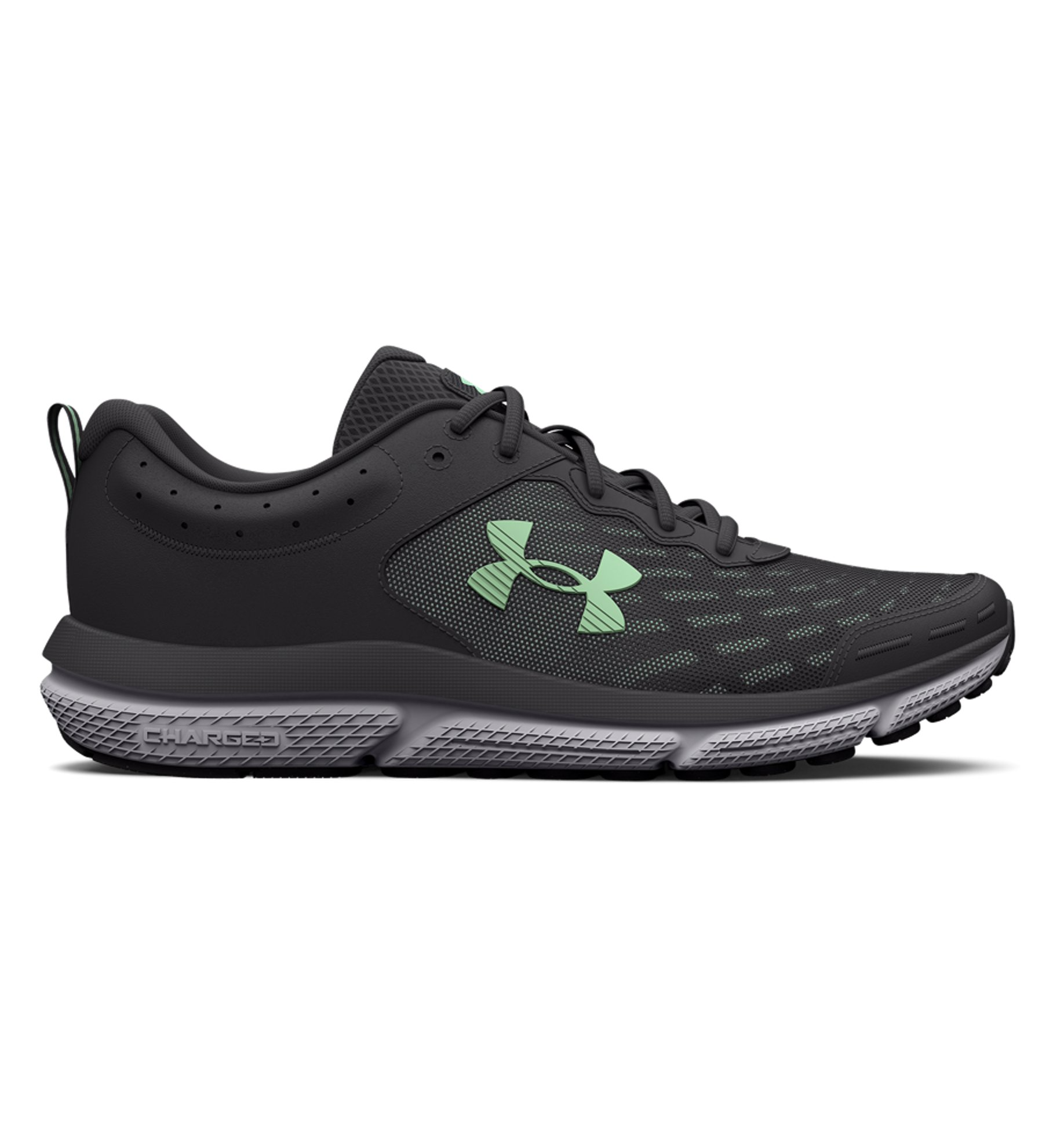 Under Armour Women's UA Charged Assert 10 Running Shoes in black and green, featuring breathable mesh and Charged Cushioning for comfort.