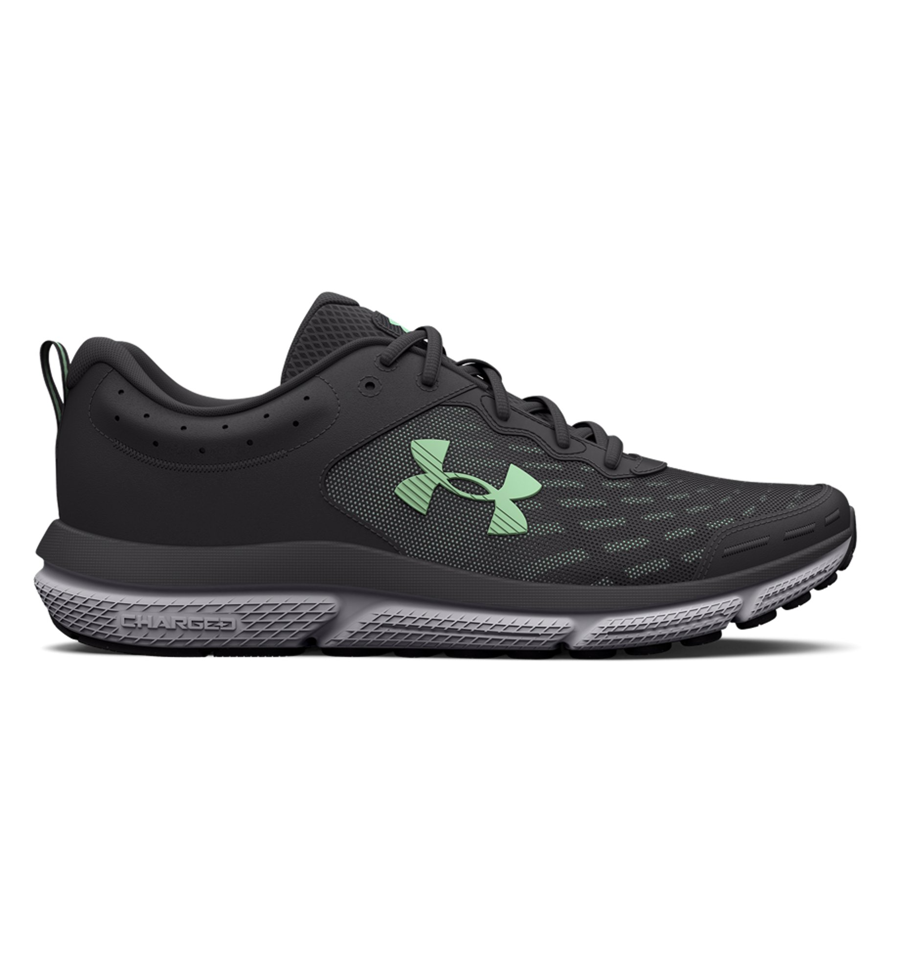 Under Armour Women's UA Charged Assert 10 running shoes in black and green, featuring breathable mesh and Charged Cushioning.