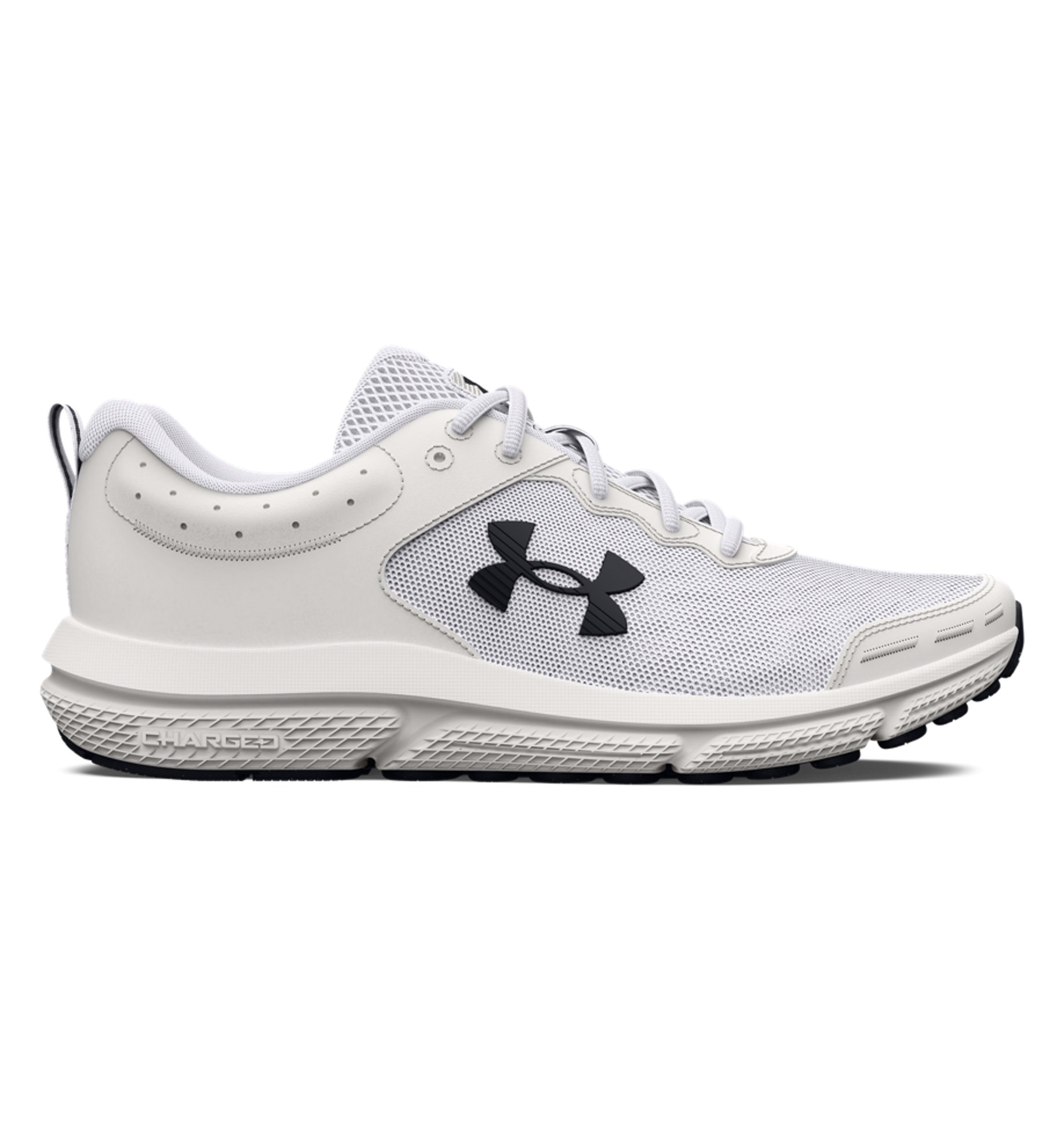 Under Armour Women's UA Charged Assert 10 Running Shoes in white and black, featuring breathable mesh and Charged Cushioning.