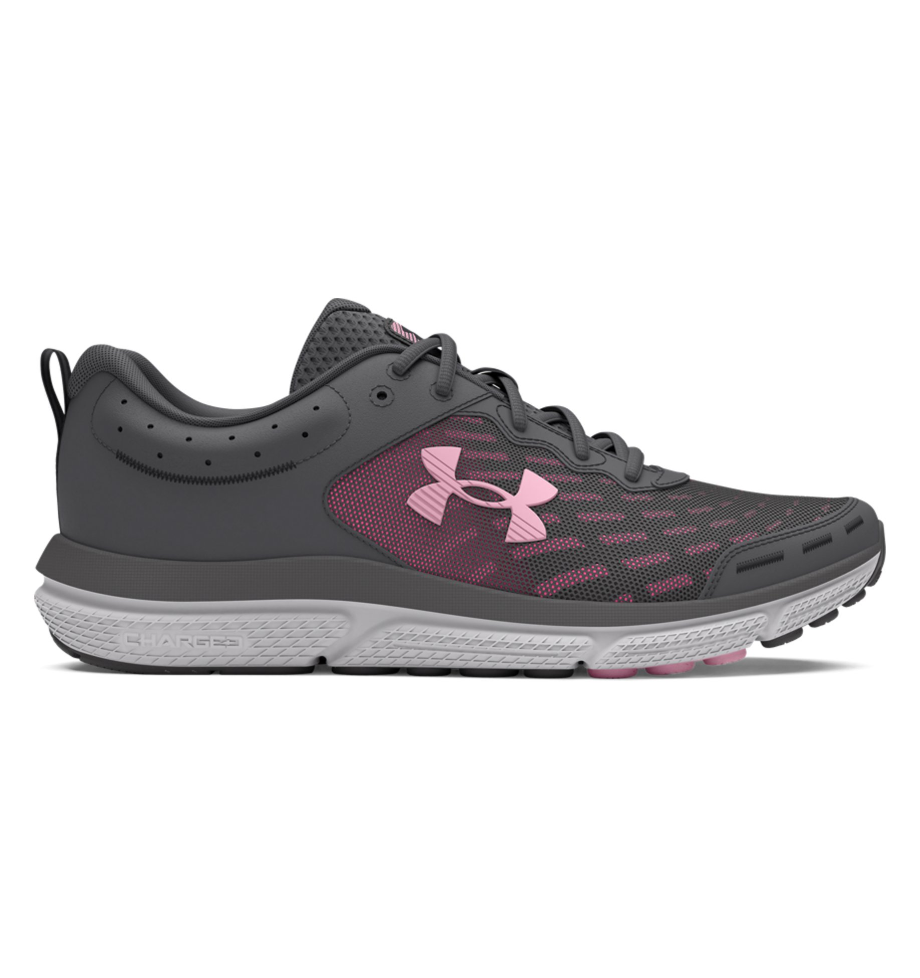 Under Armour Women's UA Charged Assert 10 Running Shoes in gray and pink, featuring breathable mesh and Charged Cushioning technology.
