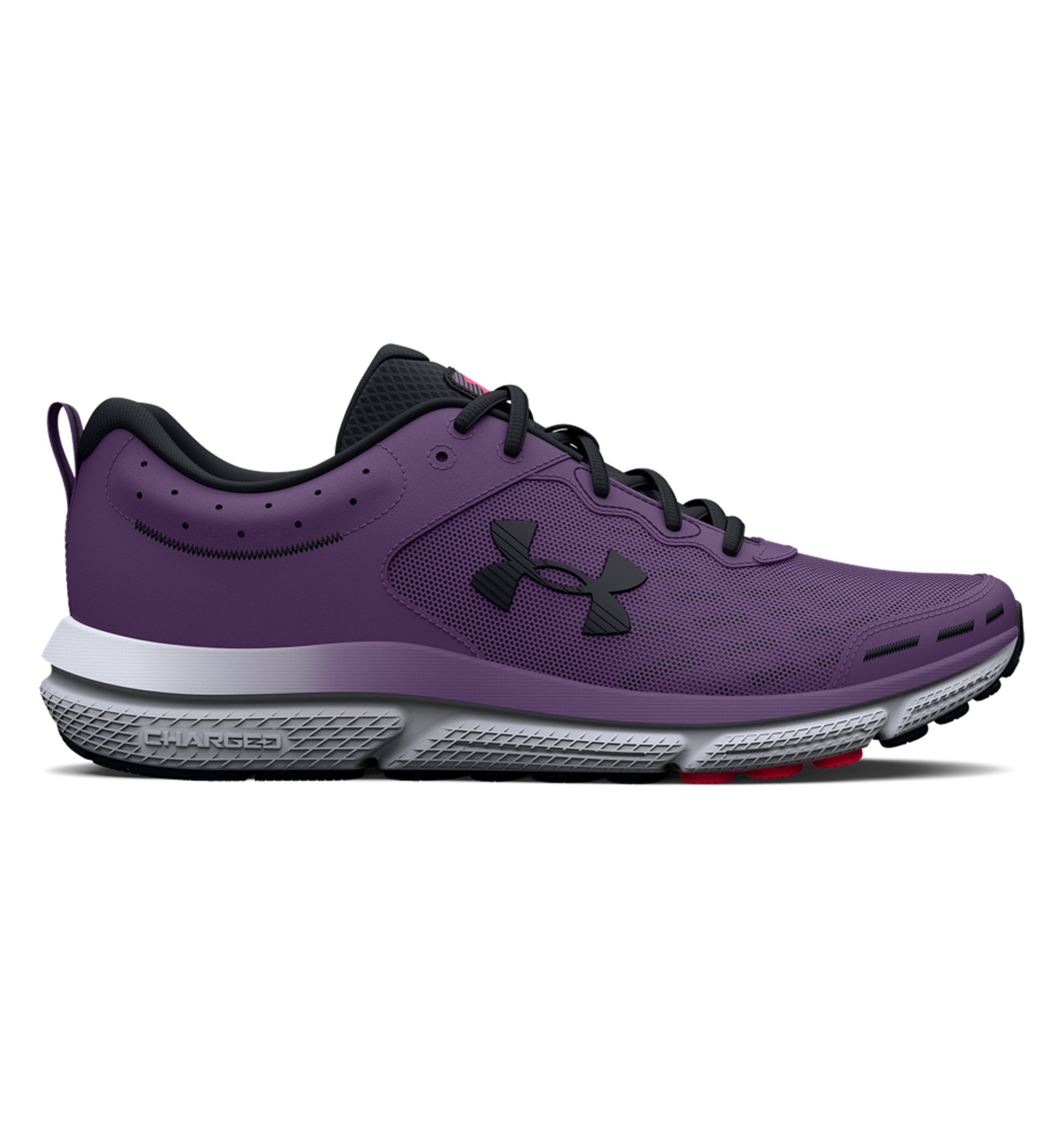 Under Armour Women's UA Charged Assert 10 running shoes in purple with breathable mesh upper and durable sole for comfort and performance.