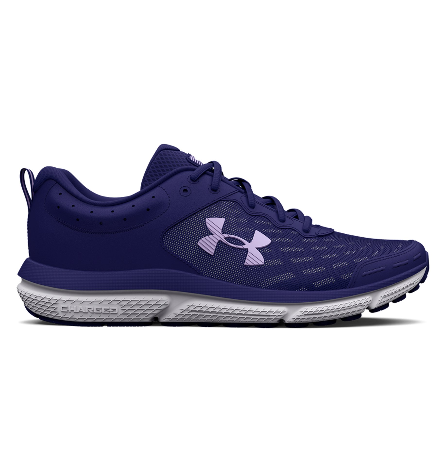 Under Armour Women's UA Charged Assert 10 Running Shoes in purple, featuring breathable mesh and charged cushioning for comfort and support.