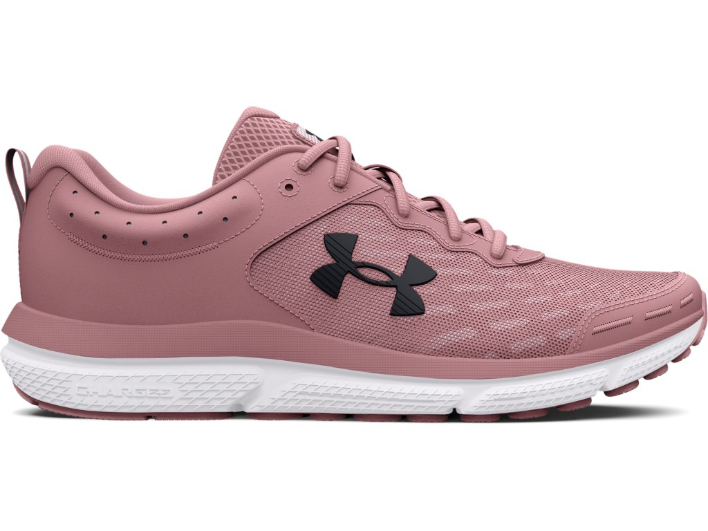 Under Armour Women's UA Charged Assert 10 Running Shoes in pink with breathable mesh upper and Charged Cushioning technology.