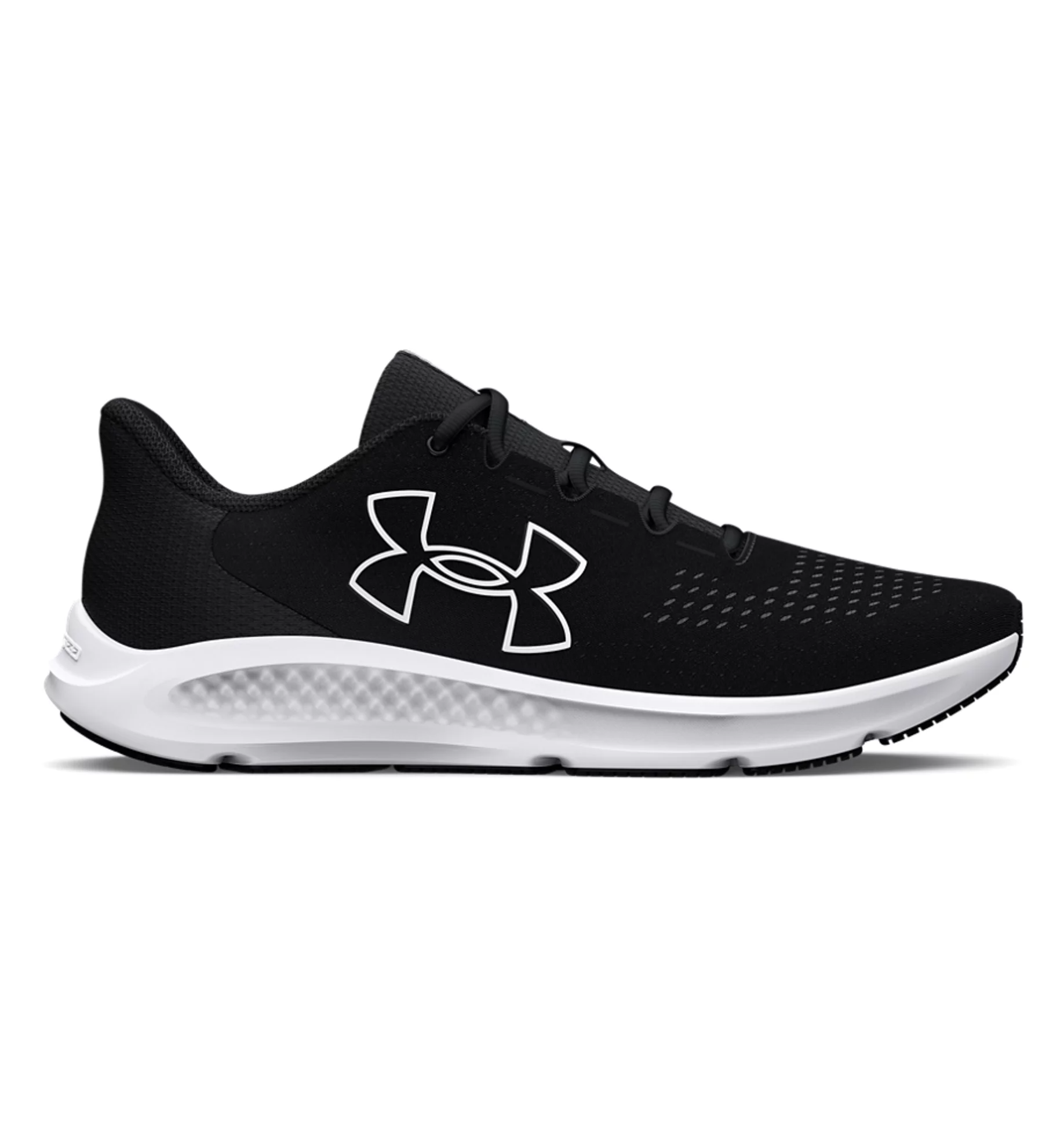 Under Armour UA Charged Pursuit 3 Big Logo Running Shoes in black and white, featuring breathable mesh upper and cushioning technology.