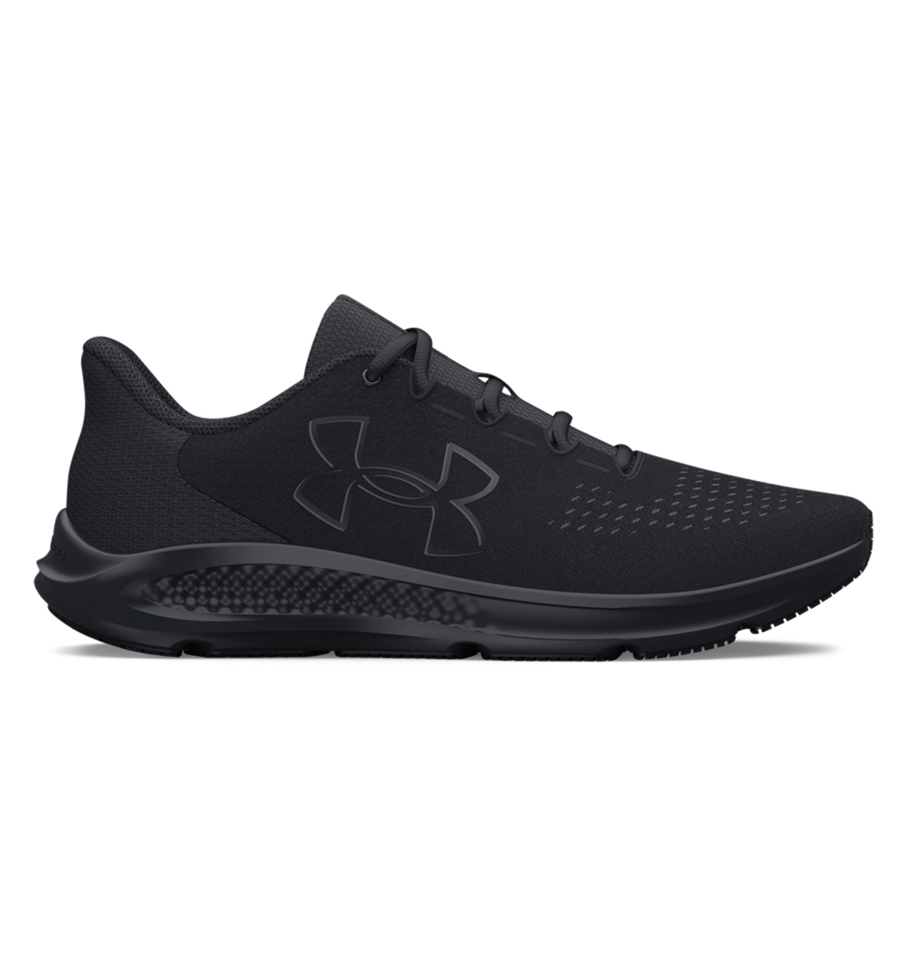 Under Armour UA Charged Pursuit 3 Big Logo running shoes in black, featuring breathable mesh and Charged Cushioning for comfort.